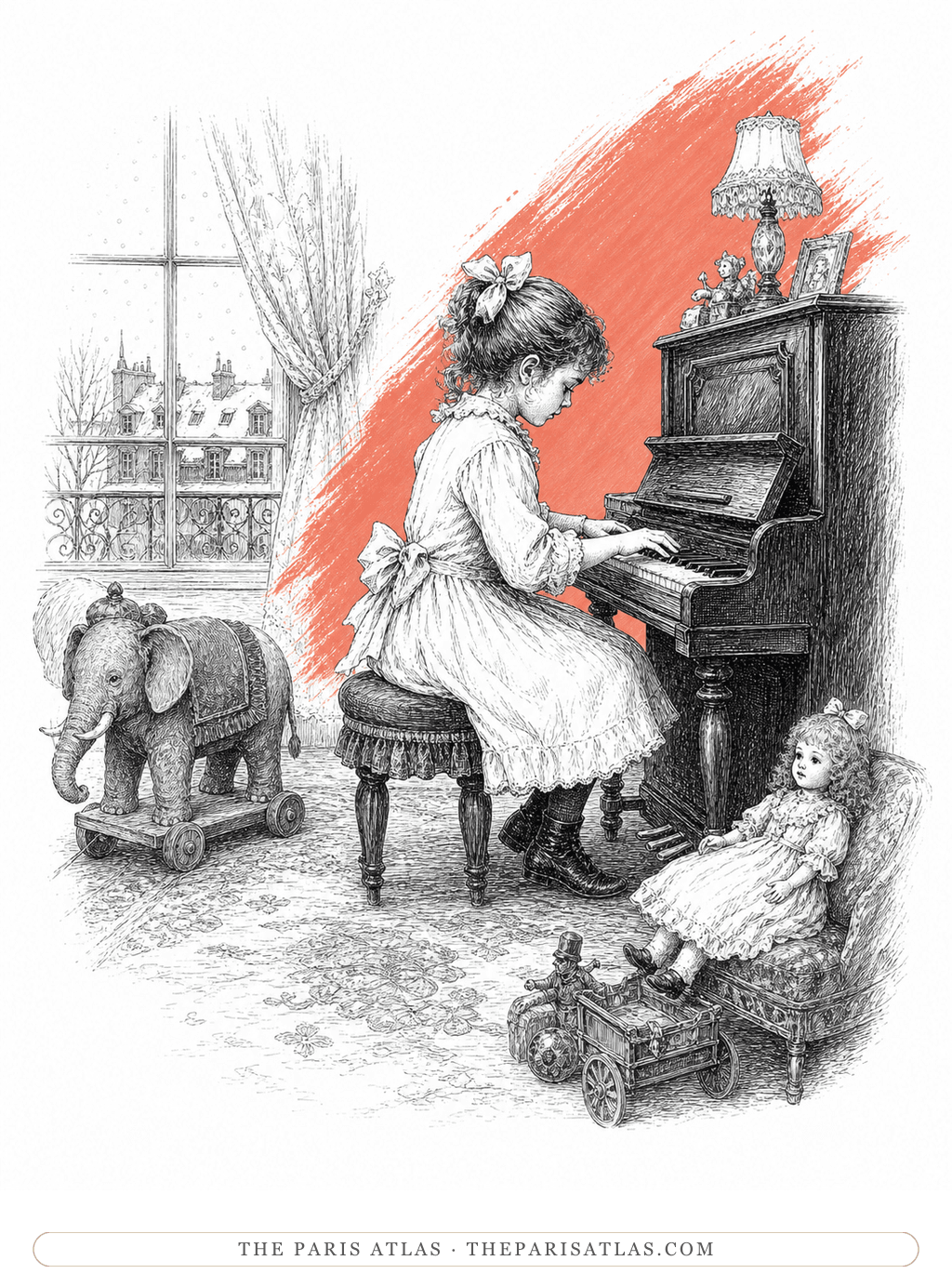 Pen-and-ink illustration of a child at a piano with a toy elephant and doll, set against a muted coral brush stroke.