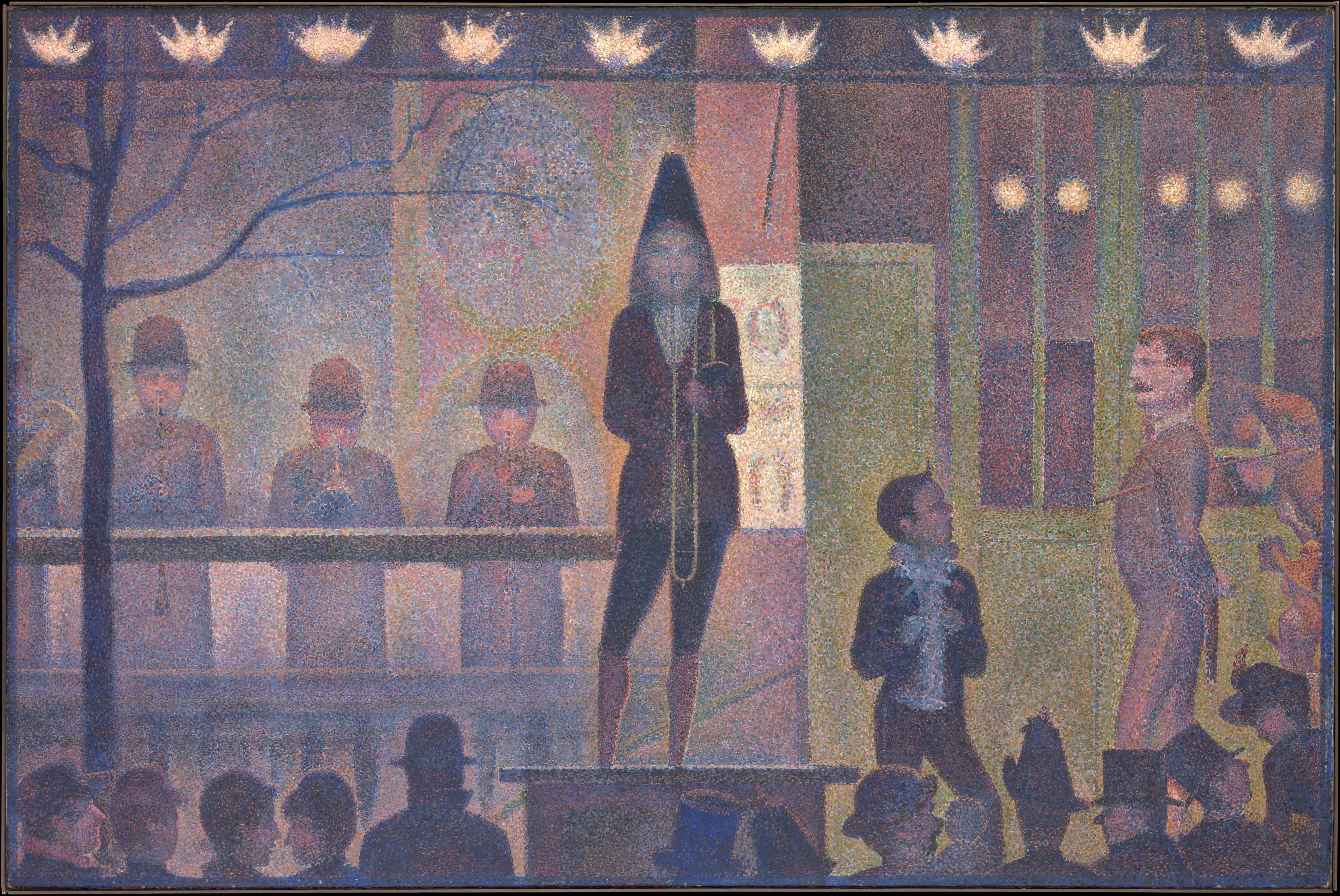 Georges Seurat's nocturnal Pointillist circus sideshow with musicians on a raised platform and a dark crowd gathered below