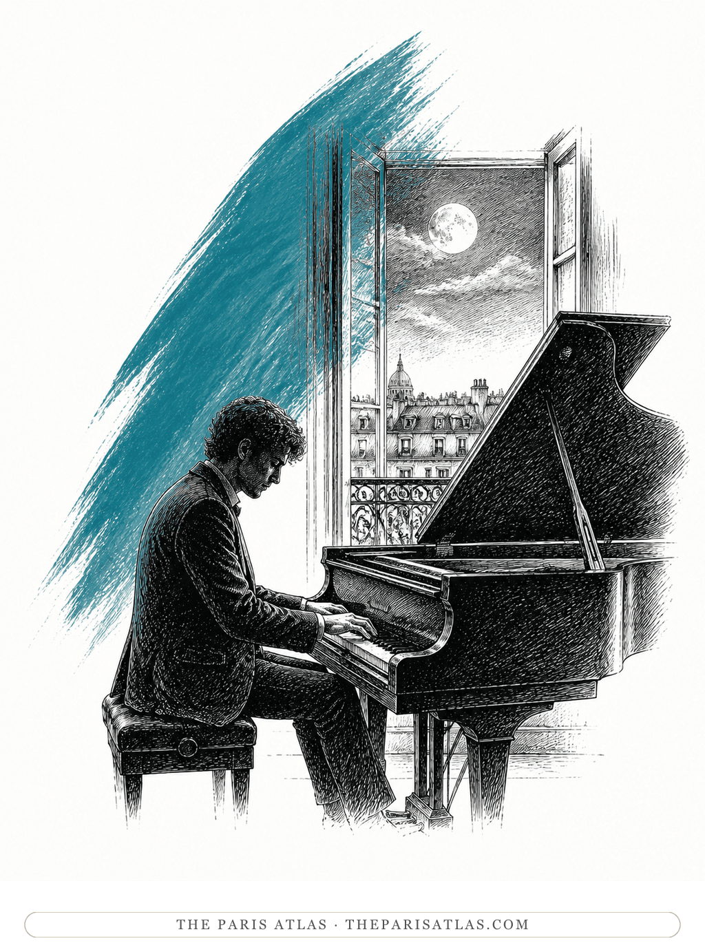 Pen-and-ink illustration of a pianist at a grand piano before a moonlit Paris window, with a muted blue brush stroke.