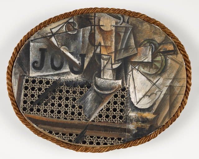 Pablo Picasso’s Still Life with Chair Caning: an oval still life with printed chair-caning oilcloth and a rope border.