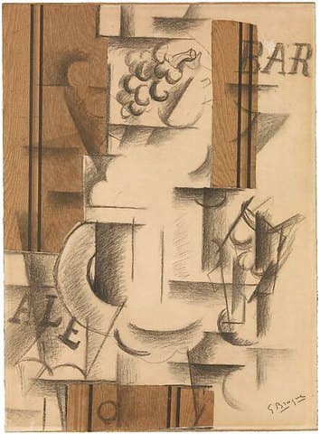 Georges Braque’s Fruit Dish and Glass: charcoal outlines of a still life combined with wood-grain wallpaper.