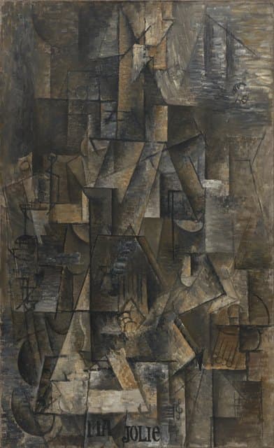Pablo Picasso’s Ma Jolie: a woman and musical instrument suggested by brown overlapping planes, strings, and lettering.