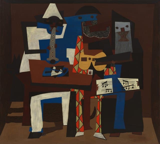 Pablo Picasso’s Three Musicians: Pierrot, Harlequin, and a monk assembled from flat colored shapes, with a dog beneath them.