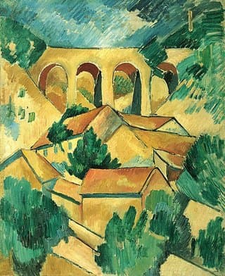 Georges Braque’s The Viaduct at L’Estaque: angular houses and trees arranged below the arches of a viaduct.