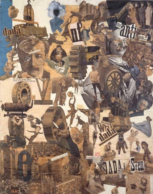 Höch's Cut with the Kitchen Knife: a dense photomontage of politicians, performers, faces, machinery, wheels, maps, and newspaper lettering scattered across a pale ground