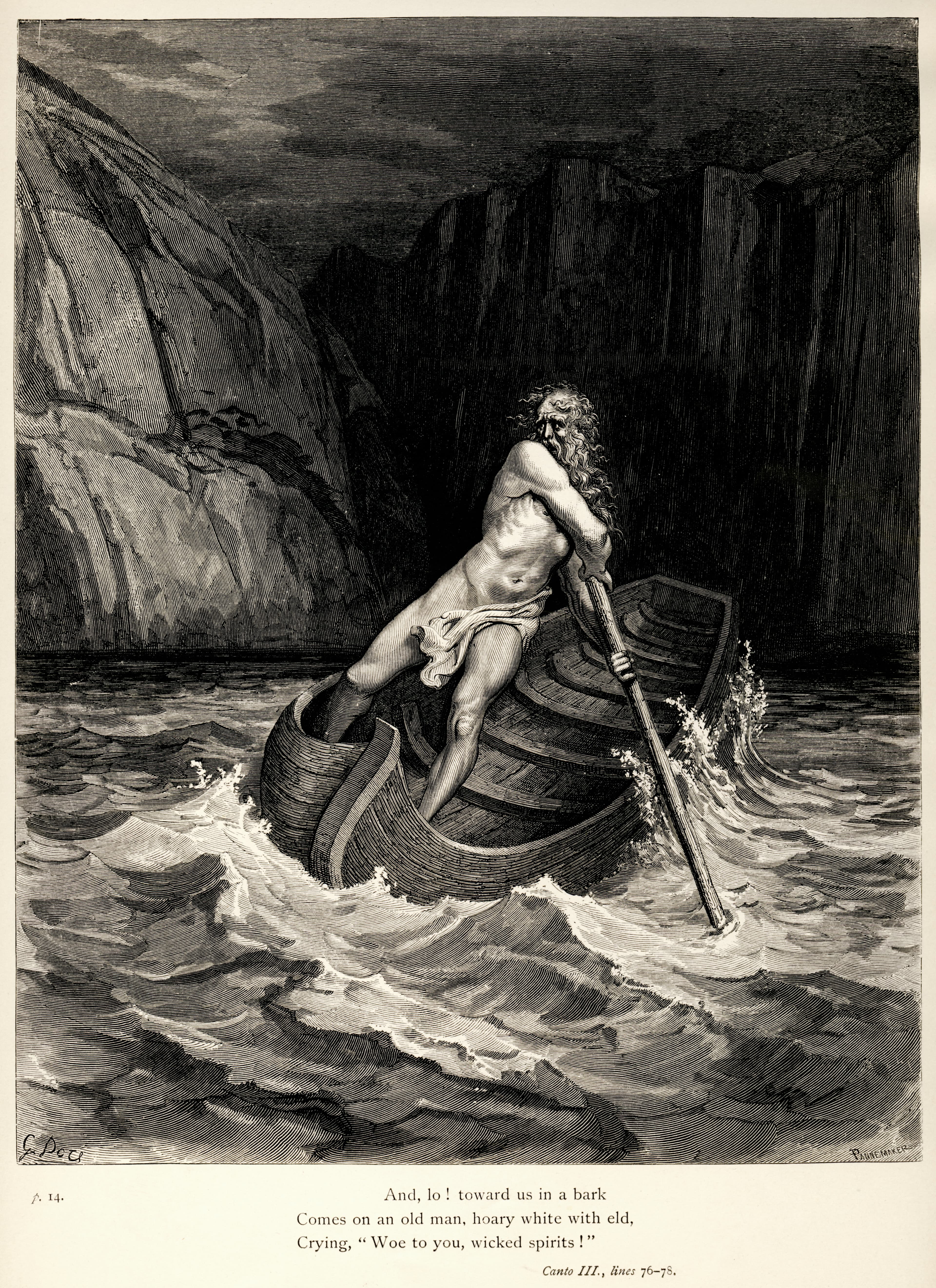 Doré's Charon plate: the ferryman standing in his boat swinging an oar over a crowd of naked souls on the shore of Acheron