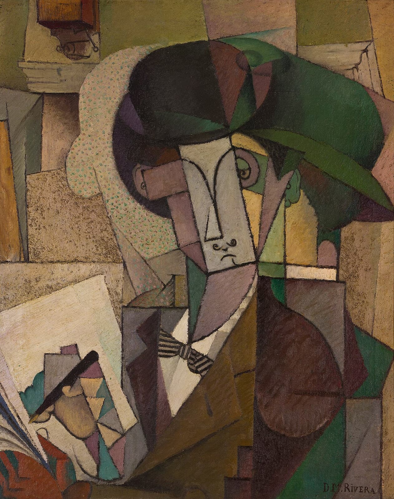 A Cubist portrait. The front of the face is a pale grey-green wedge carrying a long nose ridge, two small dark dots for eyes and a small downturned mouth, with a pink-brown plane hinged away to the left. A single eye with a pale green iris and a dark pupil is painted in full inside a lilac oval higher up and to the right. A broad green hat brim sweeps from above the head to the right edge, and a cream band stippled with small green dots curves behind the head. A black and white striped bow tie sits at the centre over a white shirt front, and at the lower left a black pen with a gold nib lies diagonally across a fanned pale sheet