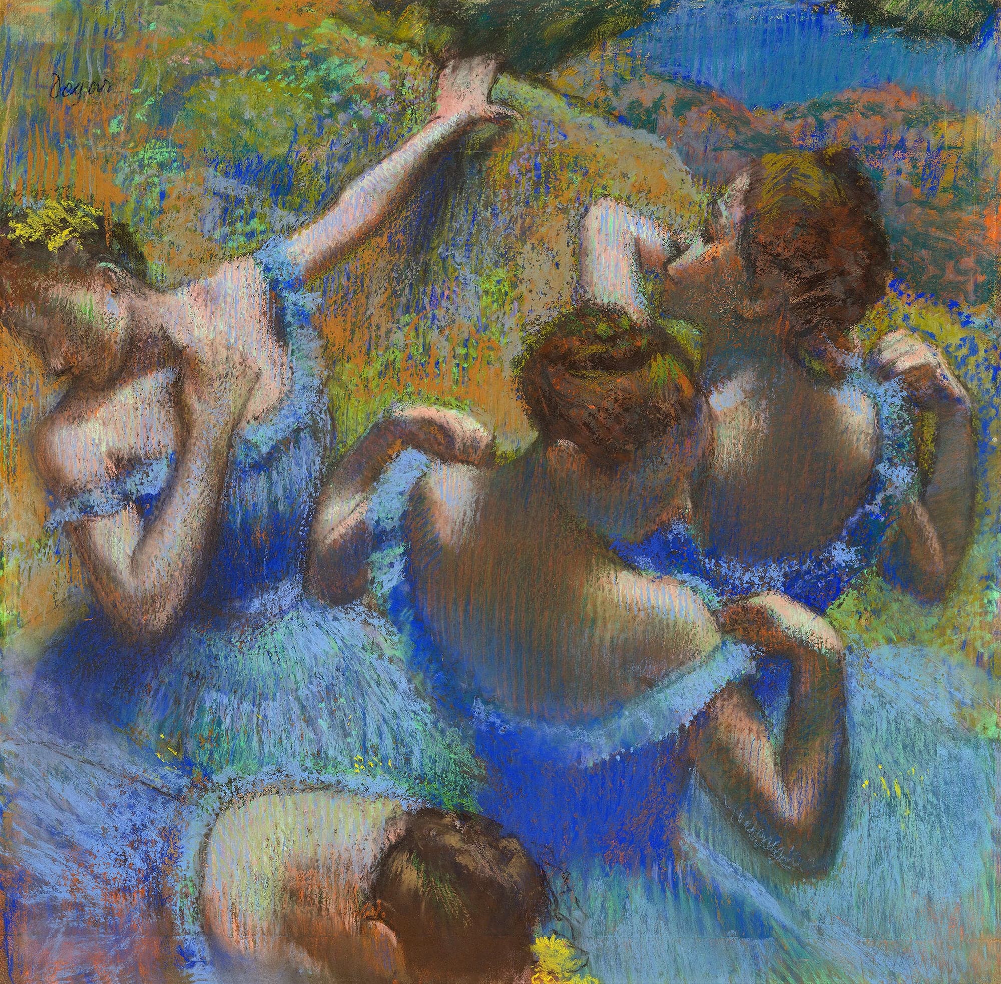 A square pastel crowded with four ballet dancers in pale blue bodices and skirts, seen close up and overlapping. One at the upper left reaches across to her shoulder strap with one hand and throws the other arm straight up; another at the right turns her head away while pulling at her own strap; a third bends forward at the center and a fourth is cut off at the bottom edge. The background is a broken field of orange, green and yellow strokes, with no floor or horizon visible.