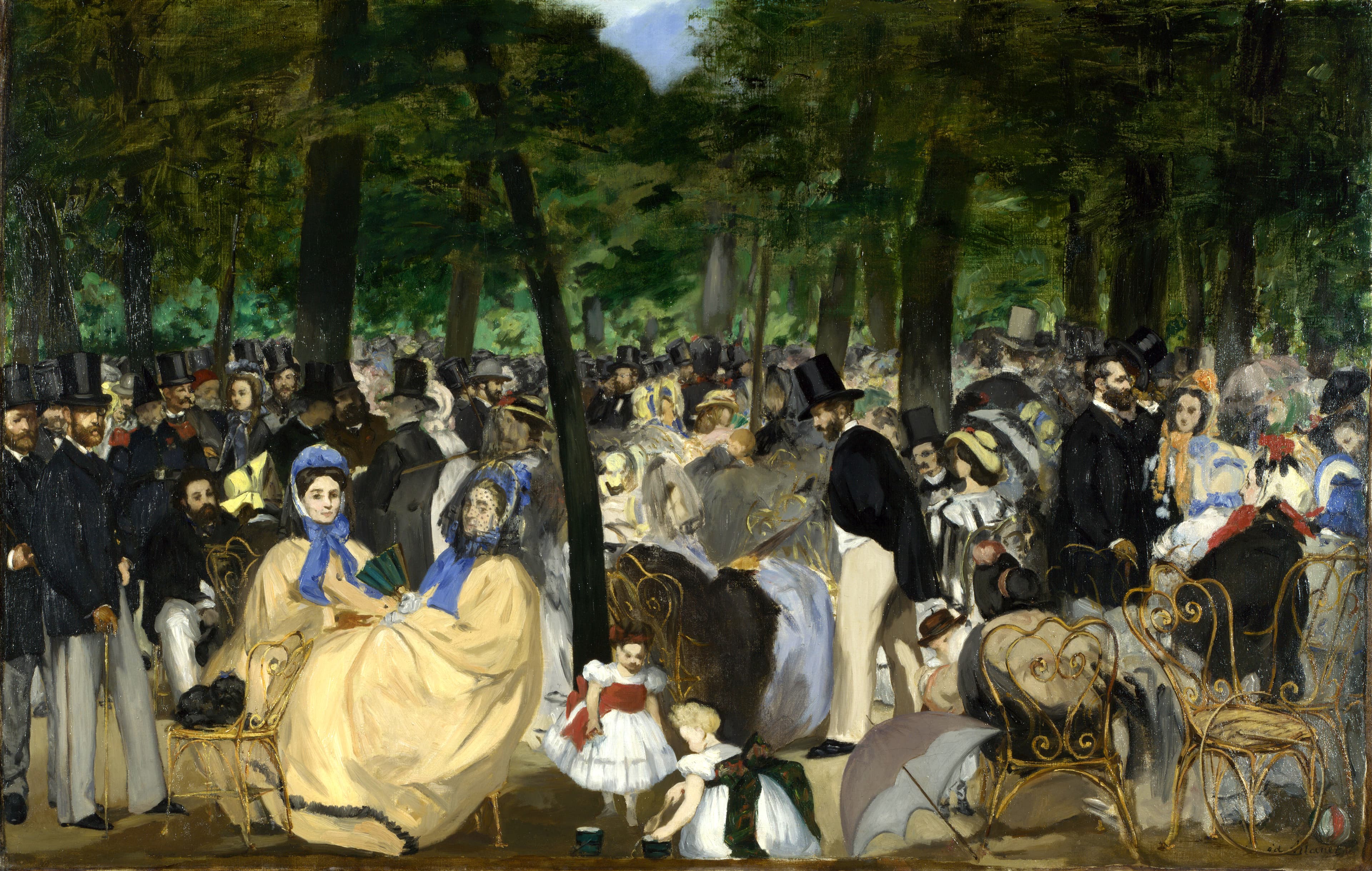 A crowd in nineteenth-century dress under dark chestnut trees, with men in black top hats. Two women in pale cream crinolines and blue bonnets sit at the left, with two small children playing on the earth in front of them. Gold ironwork garden chairs stand at the right, and one opening of pale blue sky shows in the canopy above