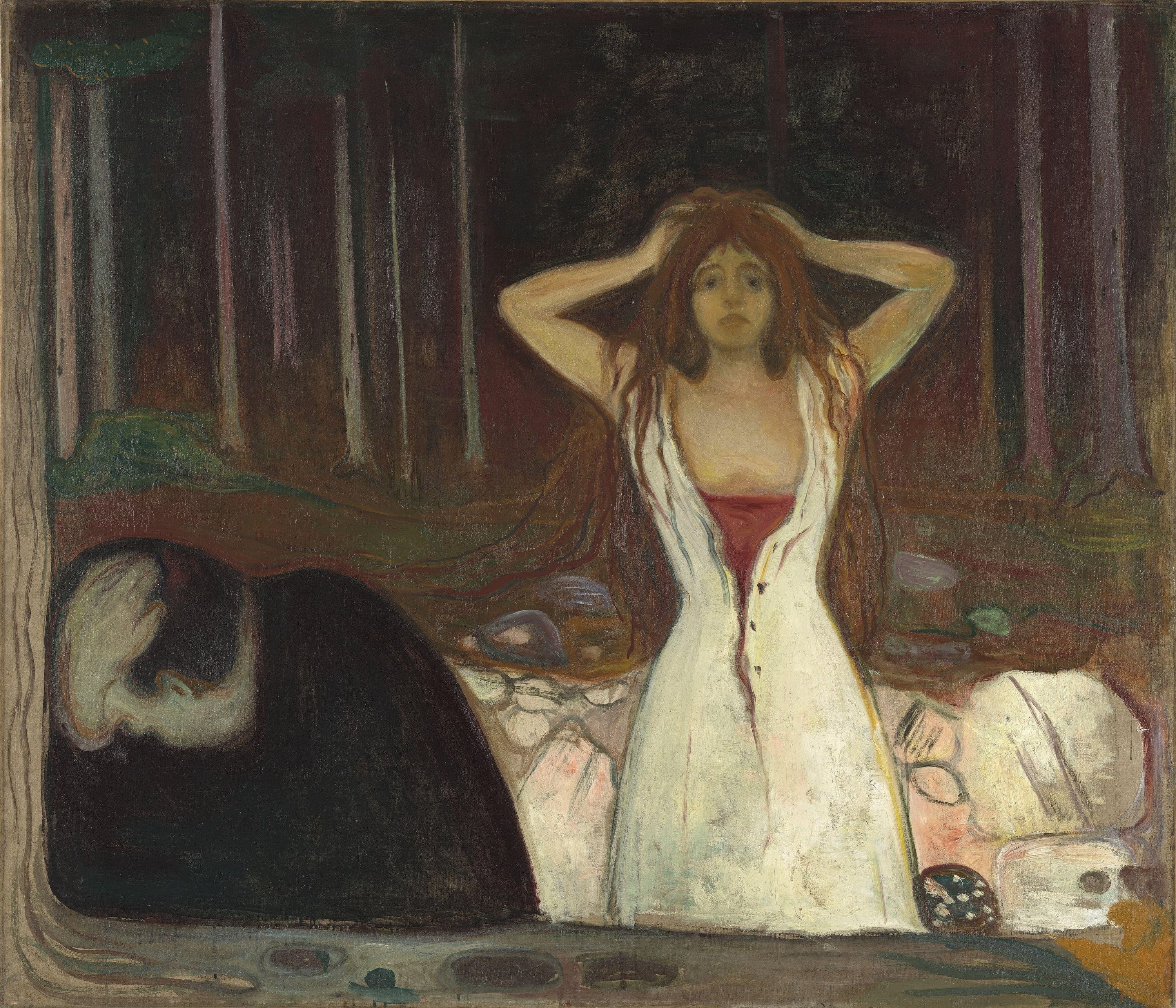 In a dark wood a woman stands facing the viewer in a white shift open down the front, her long red hair loose and both hands raised to the sides of her head, her eyes wide. In the lower left a man sits with his back turned and his head in his hands, a stylised tree trunk running down the extreme left edge of the canvas in front of him. Her red hair reaches across the gap towards him
