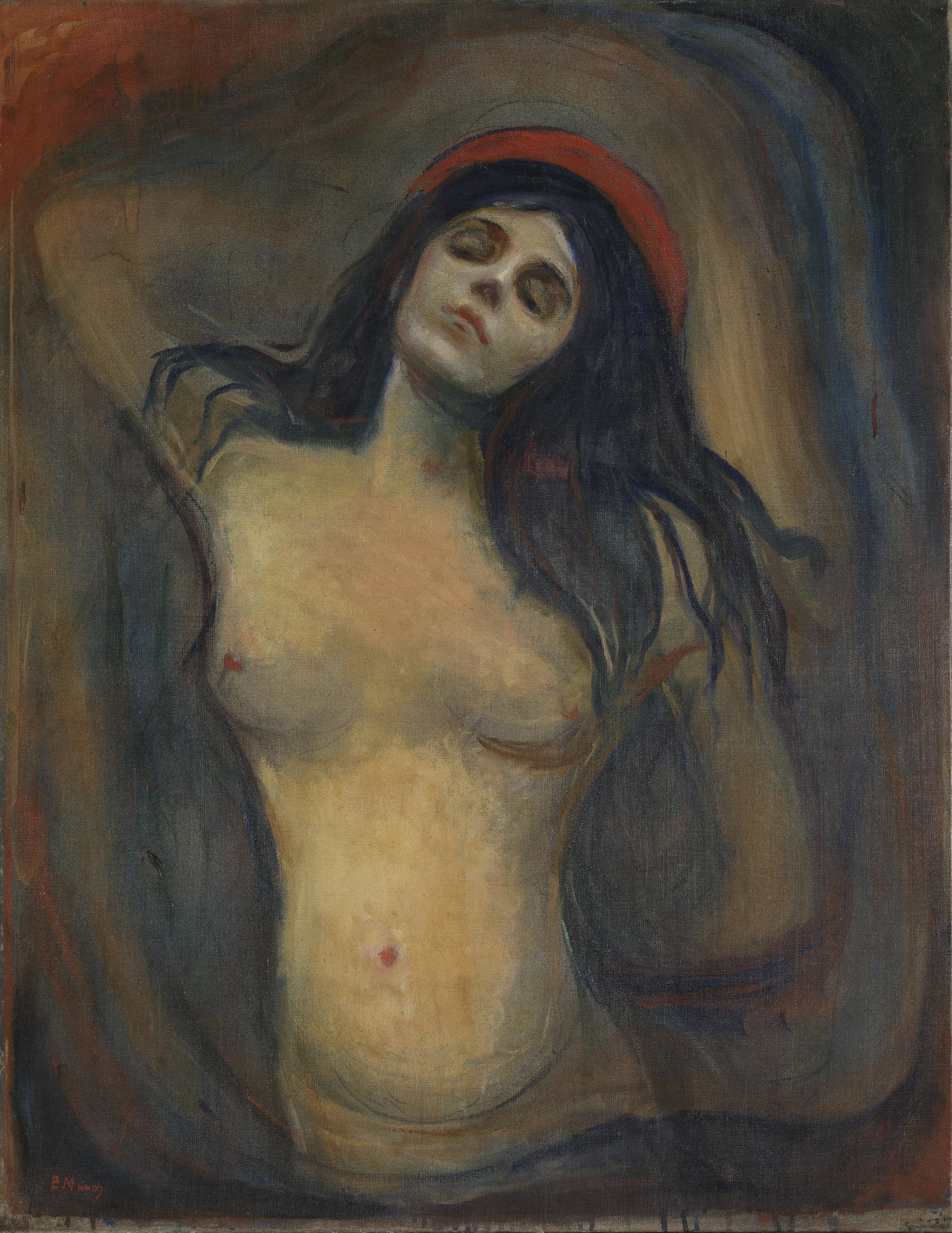 A woman shown from the hips up against a dark ground, her head tipped back, eyes closed, both arms bent behind her head and back so her chest lifts forward. Her black hair falls loose around her shoulders and a red band arcs over her head and down the right side, broadening as it falls. The background is made of long wavering bands of blue, red and dark brown curving around her