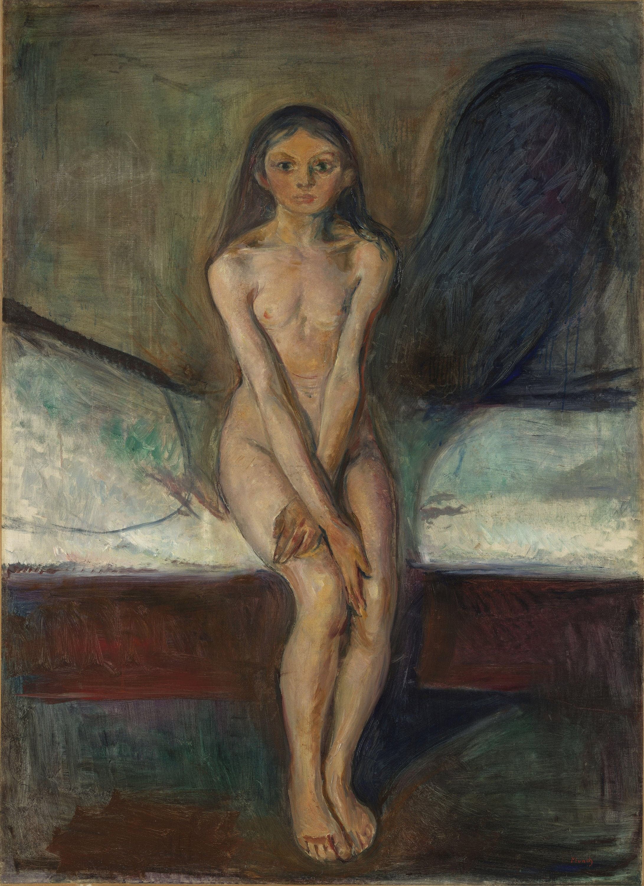 A naked young girl with loose hair sits upright on the edge of a bed facing the viewer, her arms crossed over her lap and her shoulders drawn in, her eyes wide. On the dull olive-brown wall behind her a shadow rises, broader and far darker than her body, its top clearing her head and its outline nothing like hers. The bed runs horizontally across the lower part of the canvas