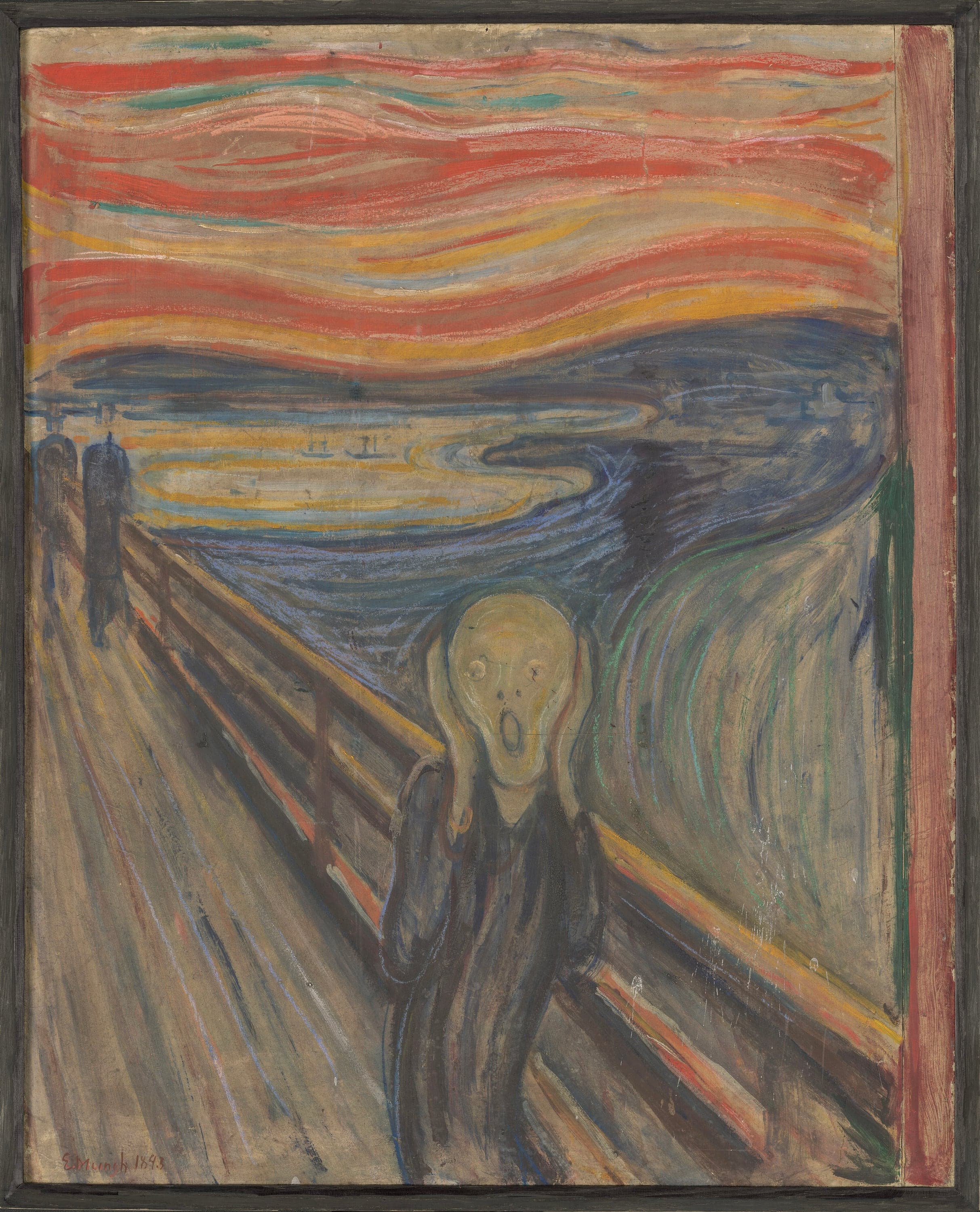 A hairless figure with a skull-like face stands at the front of a bridge that runs steeply away to the upper left, hands pressed to the sides of its head, eyes and mouth open. Its body is a wavering vertical shape. Two small figures in hats walk away up the bridge. Behind the railing a blue-black fjord curls beneath a sky laid in thick bands of orange and red