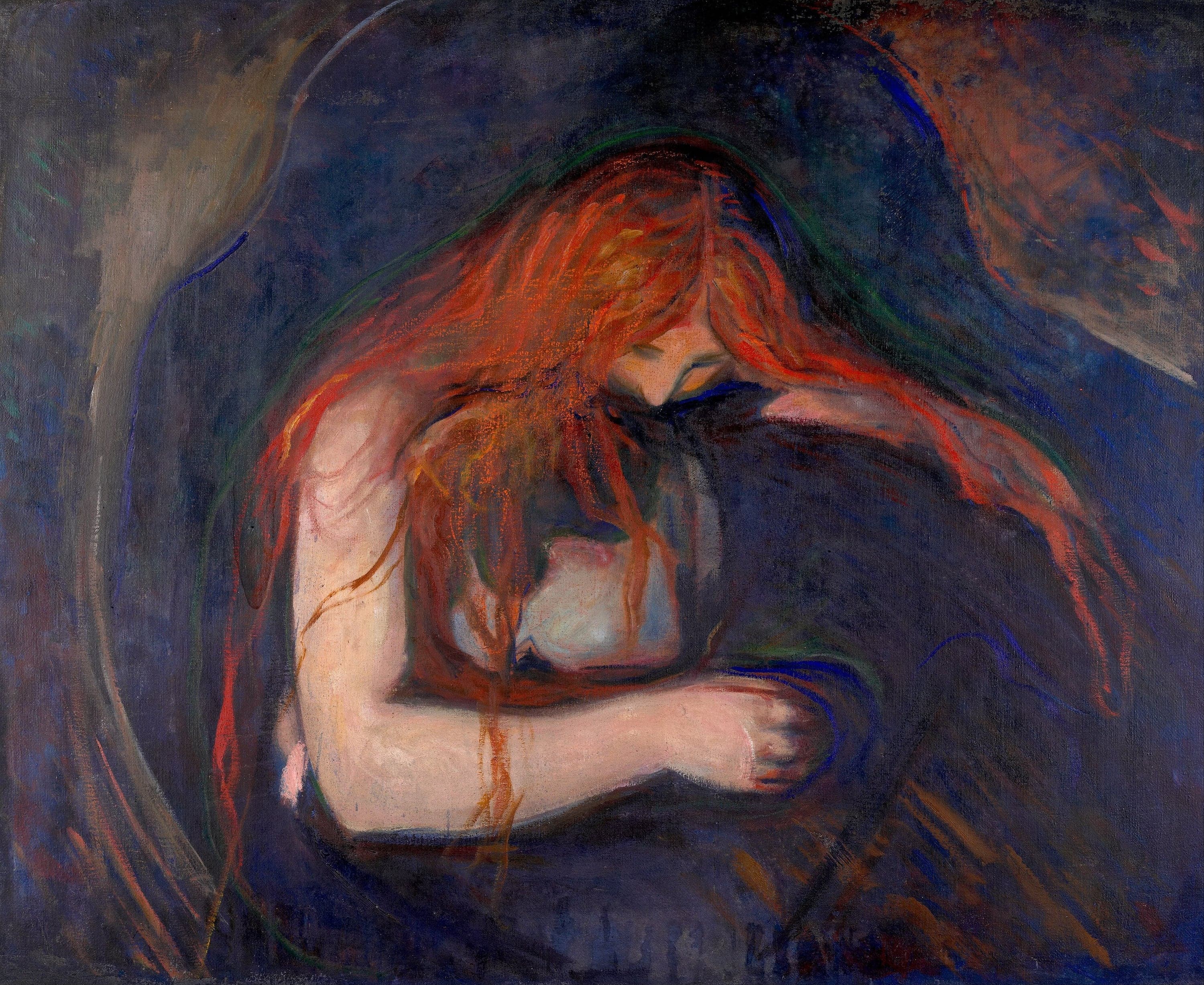 Against a dark ground a man bends forward with his head down and his face hidden at a woman's shoulder. She leans over him with her head lowered to the back of his neck. Her heavy red hair falls from her head and spreads across his neck, shoulders and back, filling most of the space between the two figures