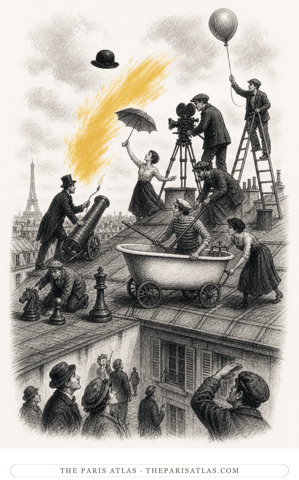 House editorial illustration for Entr'acte: adult performers and camera crew stage an invented Dada rooftop scene with a wheeled bathtub, umbrellas, chess pieces, balloon, and cannon.