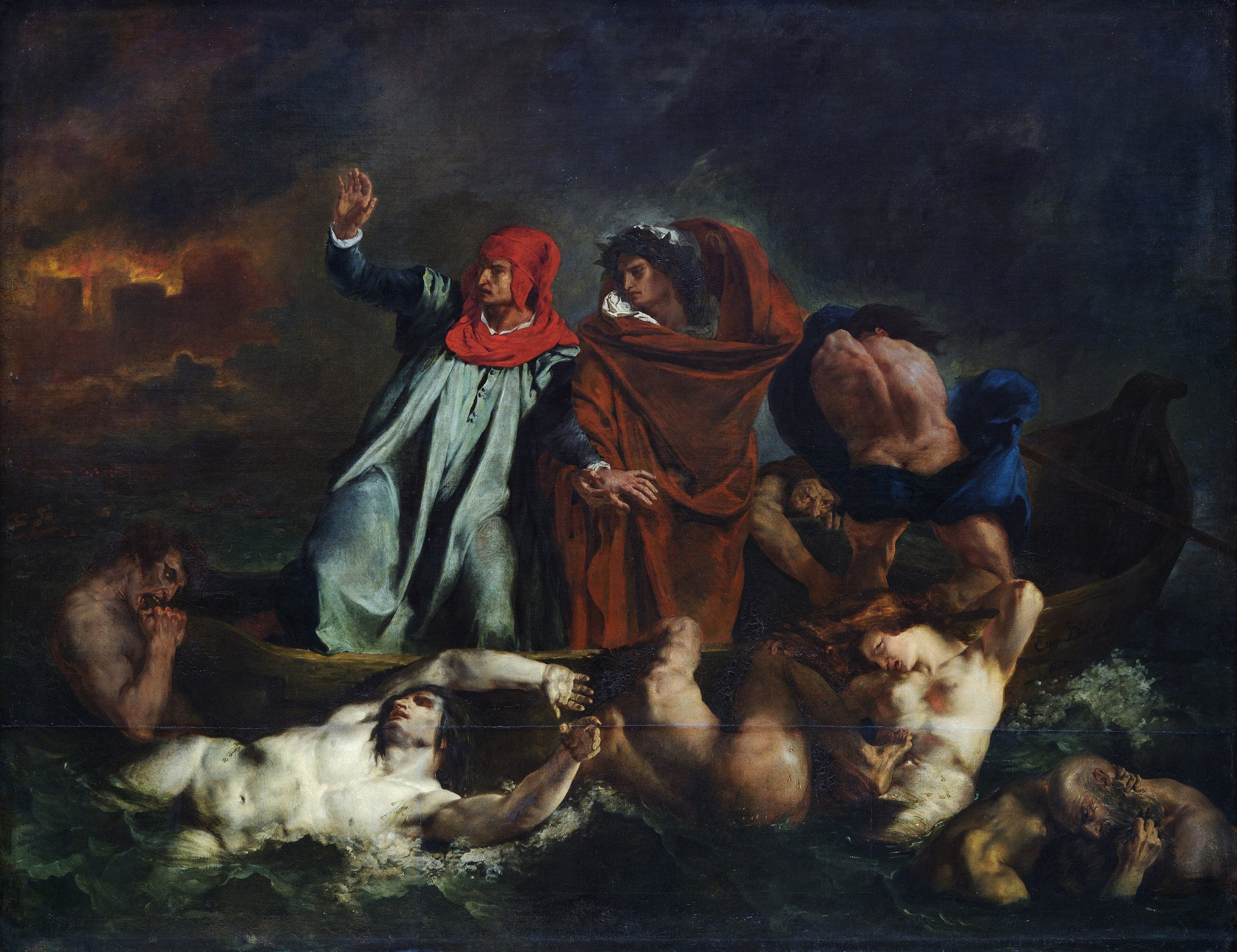 Two men stand in a small boat on dark water: one in a pale blue-white robe and red hood with a hand raised, the other in a heavy rust-red cloak and a laurel wreath beside him. A muscular oarsman works at the stern with his back turned and blue cloth at his waist. Naked figures in the water claw at the hull, one gnawing at it, another lying back in the waves. Towers burn orange in the dark at the far left