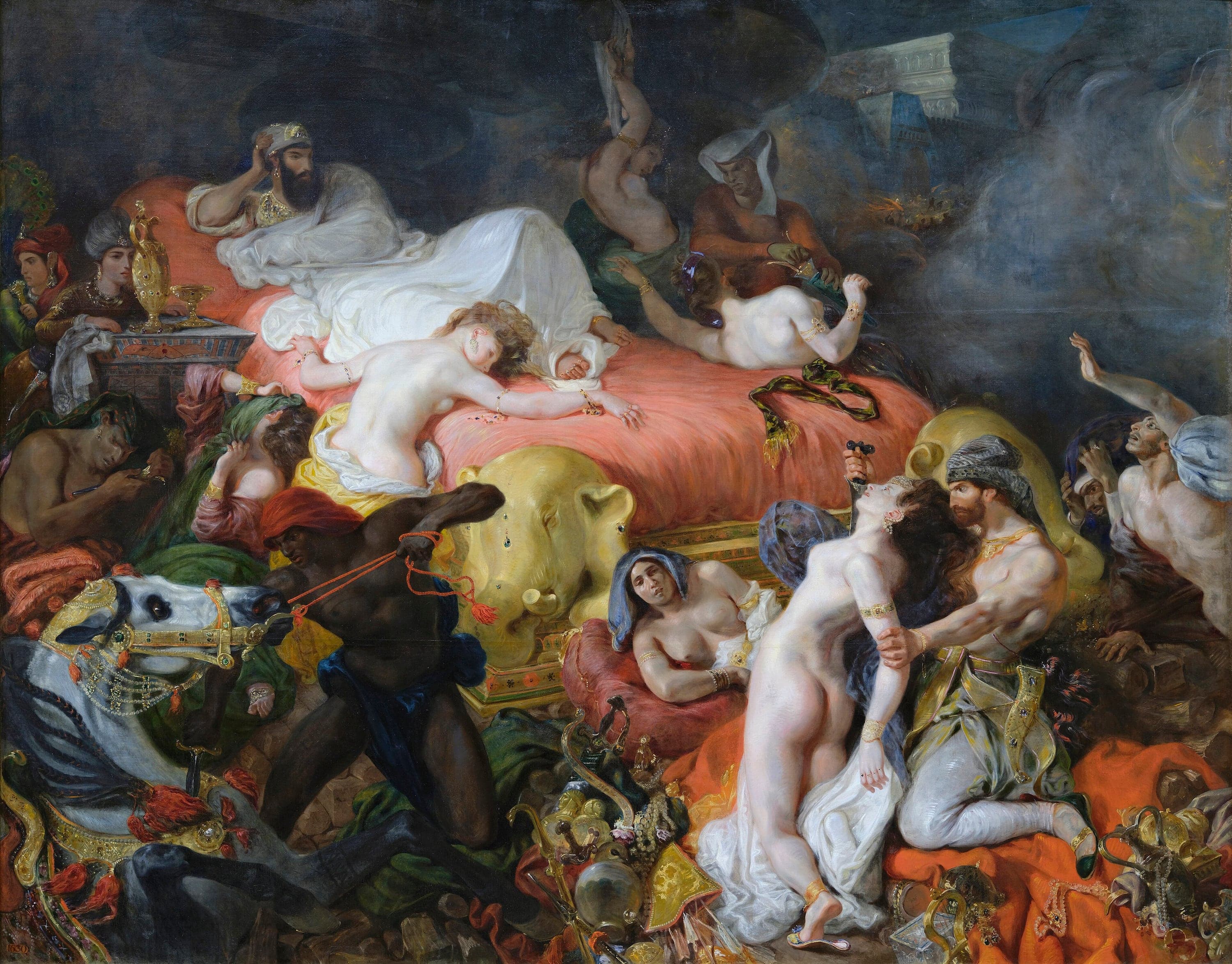 A bearded king in white reclines at the top left of an enormous bed draped in deep red, resting his chin on his hand. Below him a servant hauls at a rearing white horse, a man stabs a naked woman lying across the bedclothes, and other women sprawl among spilled gold vessels and jewellery. The nearest bedpost is carved as an elephant's head; smoke drifts across the upper left of the canvas