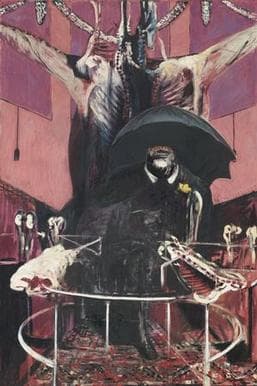 A man in a black coat sits under an open black umbrella whose dome hides everything above his nose, leaving an open mouth with the upper teeth bared. A white collar shows at his throat and a yellow flower sits at his lapel. Behind and above him hangs a carcass split down the spine and opened out, bone-white streaked with pink, its ribs legible and its two halves reaching sideways like outstretched arms. A white tubular rail on thin posts curves around the figure, with a pale joint of meat lying on it at the left and a long ribbed flank at the right. The wall behind is pink-mauve in vertical bands, the floor a red and black patterned carpet