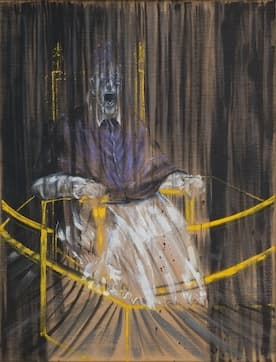 A seated figure on a near-black ground worked in long vertical brushstrokes that fall from the top edge to the bottom and pass across the figure as well as behind it. The head is pale grey-white and smeared downward, with two dark hollows under the brow and a wide open dark mouth showing pale teeth. Below it a deep violet-indigo band runs down the front of a cape, with purple-mauve shoulders spreading to either side and a broad white and cream robe dragged downward in long strokes. Two pale hands grip the arms of a throne. Thin yellow-ochre lines stand as finials behind the head and sweep in from both sides to form a box in perspective, and dark red spatters fall down the right of the robe