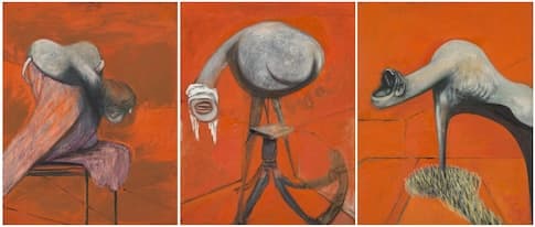 Three panels side by side, each a flat orange ground scored with a few ruled darker lines. In the left panel a pale grey hump bows forward over a fold of mauve-pink cloth draped across a stool with thin black legs, a long limb sweeping down to the left. In the centre a smooth grey-white ovoid with one curved crease stands on a thin neck above a dark banded stalk, with a white wrapping at its left opening on a red-lipped mouth and four white drips running down. In the right panel a long neck arches from a pale ribbed body down to a head tipped back with its mouth wide open and teeth showing, above a patch of straw-yellow strokes on the floor