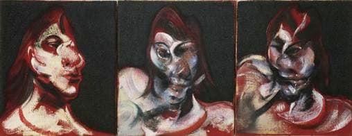 Three small canvases side by side, each a single head against flat black, the hair a dark crimson mass in all three and the shoulders bare at the bottom edge. In the left panel the head turns three-quarters to the right, the face built from thick white, cream and pink with a band of granular pale green and gold speckle across the brow, one eye a dark red slit and a broad crimson band across the neck. The centre head is almost frontal, a white crescent sweeping from the brow across the nose, one eye a brown-grey socket with a pale iris and the other a black hollow ringed in white, the nose and cheek dissolving into slate blue. In the right panel the features come apart into a knot of white, grey-blue and dark red twisting in on itself above broad cream and crimson shoulders