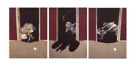 Three tall panels side by side, each with a wall of deep oxblood red filling the upper two thirds, a black rectangular doorway in the middle framed by pale grey-green jambs, and a flat warm grey-brown floor below. In the left panel a naked figure is hunched forward over a white lavatory bowl inside the opening, head down and turned away, with a small white angular shape lying on the floor to the right. In the centre panel a bare bulb hangs on a cord from the top of the opening above a head thrown back with its mouth open and a grey-white cloud of smoky paint around it, the body below a flat black silhouette spilling out onto the floor with one arm reaching down to the left. In the right panel a figure is bent double over a basin at the left of the opening, a dark stem descending below it, with a matching white angular shape on the floor at the right