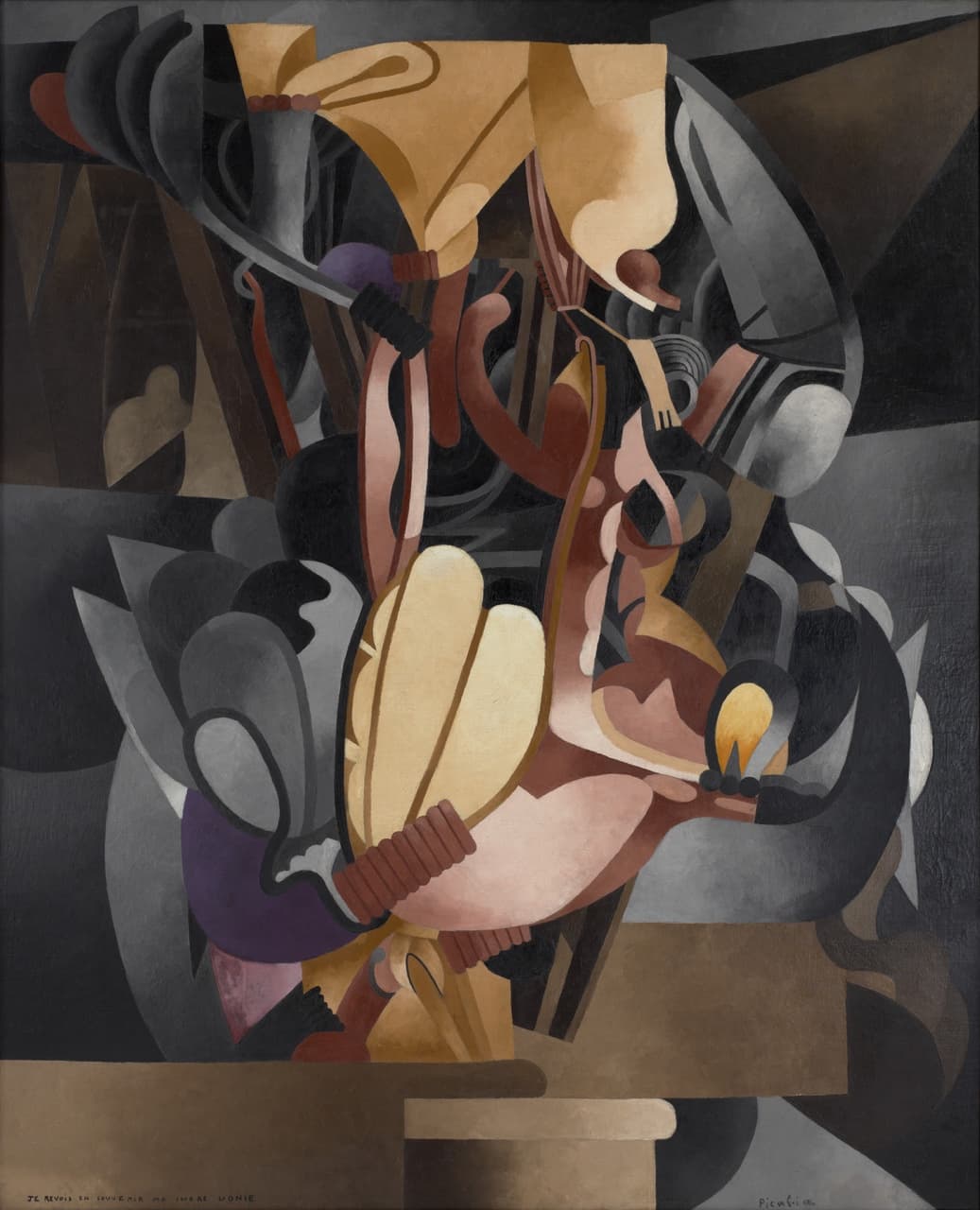 A tall canvas crowded with rounded, overlapping forms in browns, pinks, creams and greys. A tan funnel shape spreads across the top; pink straps, a ribbed black handle, a grey coiled spring and a small tan fork hang below it; a large cream shape divided by thin lines fills the centre, bound by a ribbed rust-red collar, with soft pink curves against it; a yellow flame-like form sits in a black cup at the right and a purple shape at the lower left. The group stands on a pale tan block. Small capitals along the bottom left read JE REVOIS EN SOUVENIR MA CHERE UDNIE