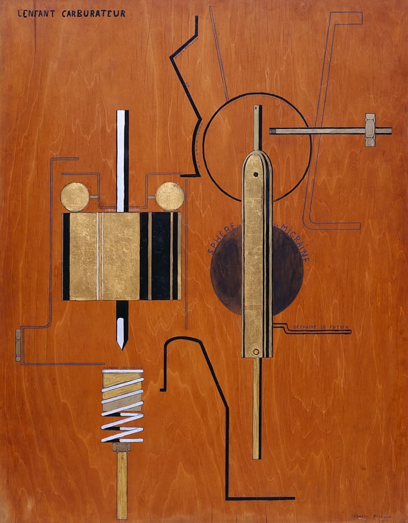 A diagram-like painting on bare orange-brown plywood with the wood grain showing. At left, a box covered in gold leaf with black and white stripes, two gold discs on short stalks above it and a white needle passing through it; below, a white coiled spring on a gold rod. At right, a tall gold bar with two holes stands over a dark brown disc labelled SPHÈRE DE LA MIGRAINE, inside a large black circle, with a bolt running out to the right and a short pipe labelled DÉTRUIRE LE FUTUR. Black lines and thin blue lines zigzag across the board. L'ENFANT CARBURATEUR is written at the top left