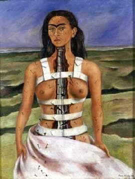 A frontal self-portrait, nude to the hips, the torso split open down the centre from throat to abdomen with raw red edges. A grey fluted classical column broken by horizontal fractures stands inside the split. A white corset of two shoulder straps and four horizontal belts holds the body, small nails are driven into the face, neck, arms, torso and the pale sheet wrapped around the hips, one larger nail is driven into the upper left breast, and tears stand on both cheeks. Behind her olive-green ground split by dark fissures runs back to a flat horizon under a deep blue sky
