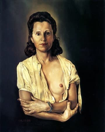 Galarina: Gala seated against a dark ground with her blouse open, arms crossed and gaze directed at the viewer.