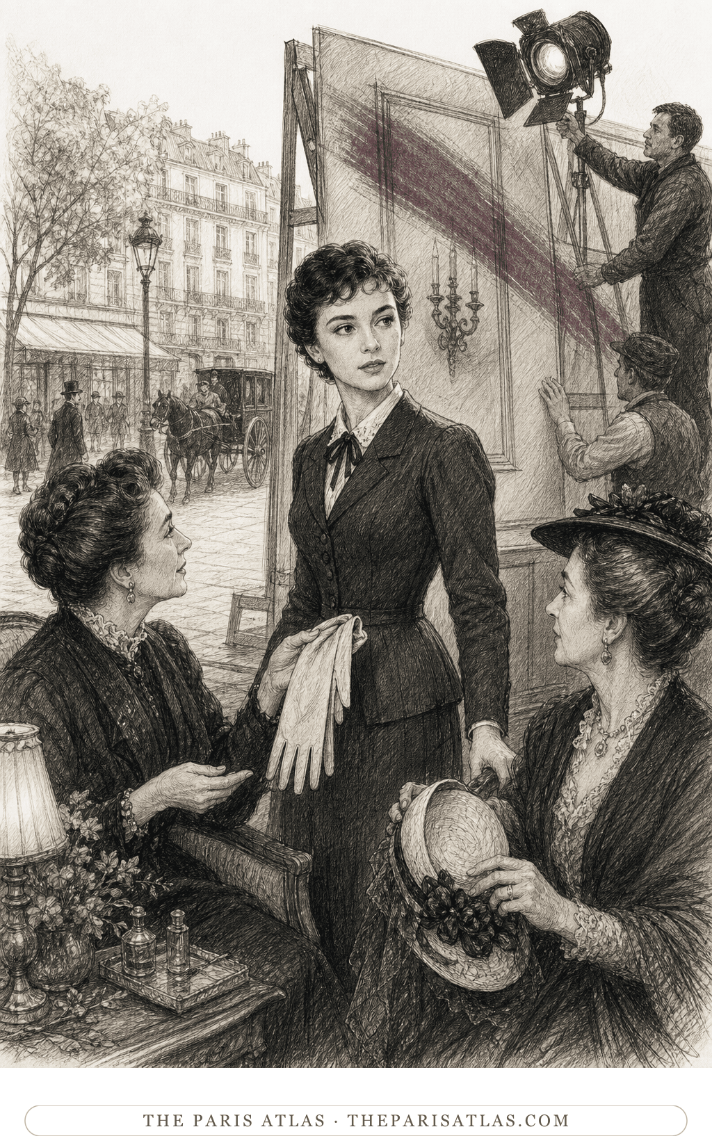 House editorial illustration for Gigi (1949): an adult young woman stands between two older women on a Belle Époque salon film set while crew members adjust a lamp and backdrop.
