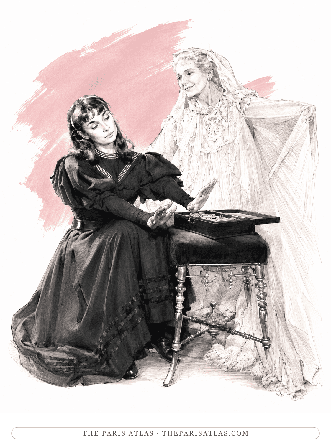 House illustration of the jewel-lesson scene from Gigi: a young woman in a dark high-collared dress seated over an open jewel case while an older woman in a lace gown and veil stands beside her, against a rose-colored wash