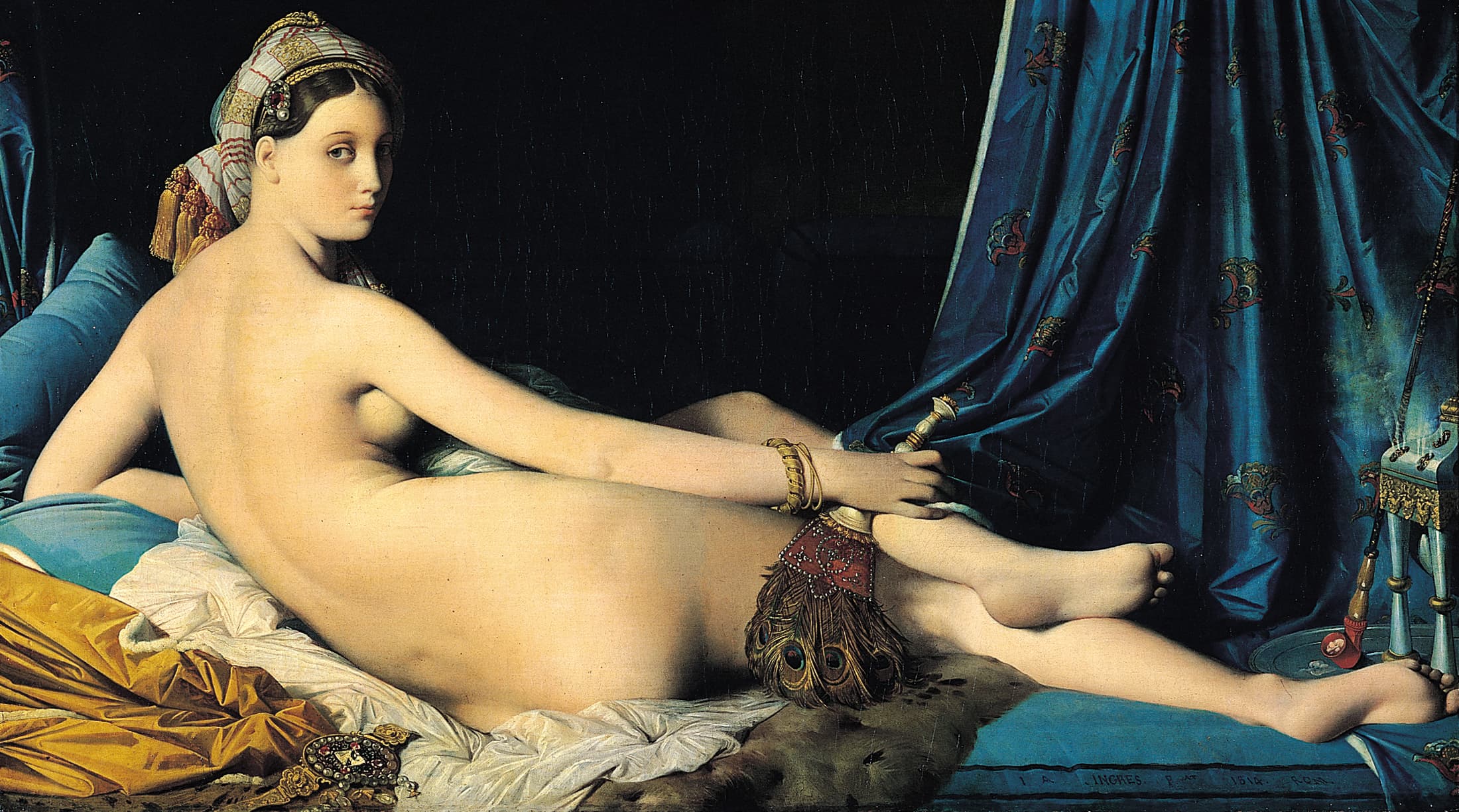 Ingres's Grande Odalisque: a reclining nude seen from behind on blue silk, turning her head over her shoulder, holding a peacock fan