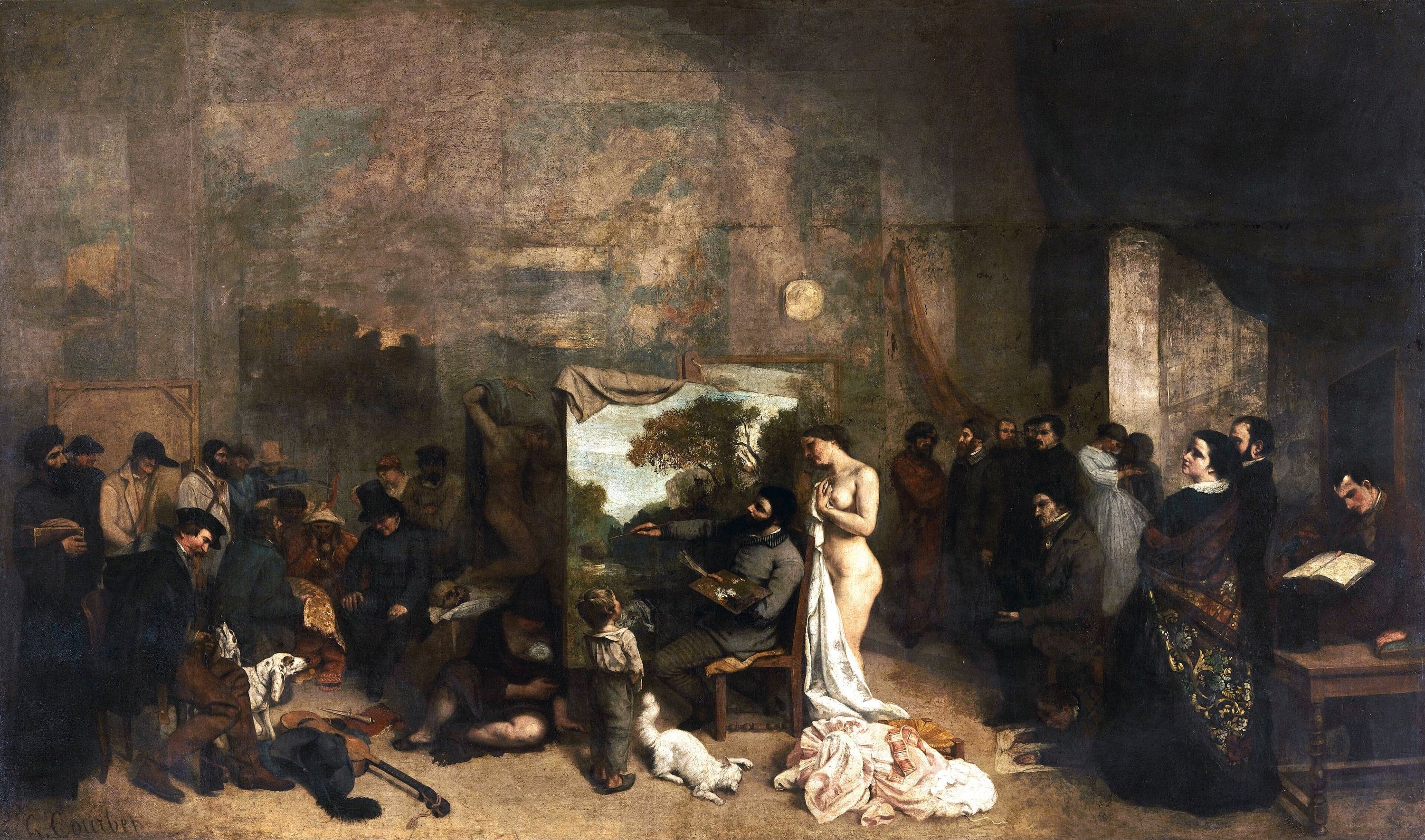 A very wide, dim studio interior. Courbet sits at an easel in the centre painting a landscape, a brush in his hand. A naked woman stands behind his shoulder with a white sheet gathered over her arm and falling to the floor, a small boy stands at the foot of the easel with his head tipped back, and a white cat is stretched out on the boards nearby. A group of friends, collectors and writers stands to the right; a mixed crowd including a huntsman, a labourer, a priest and a merchant stands to the left