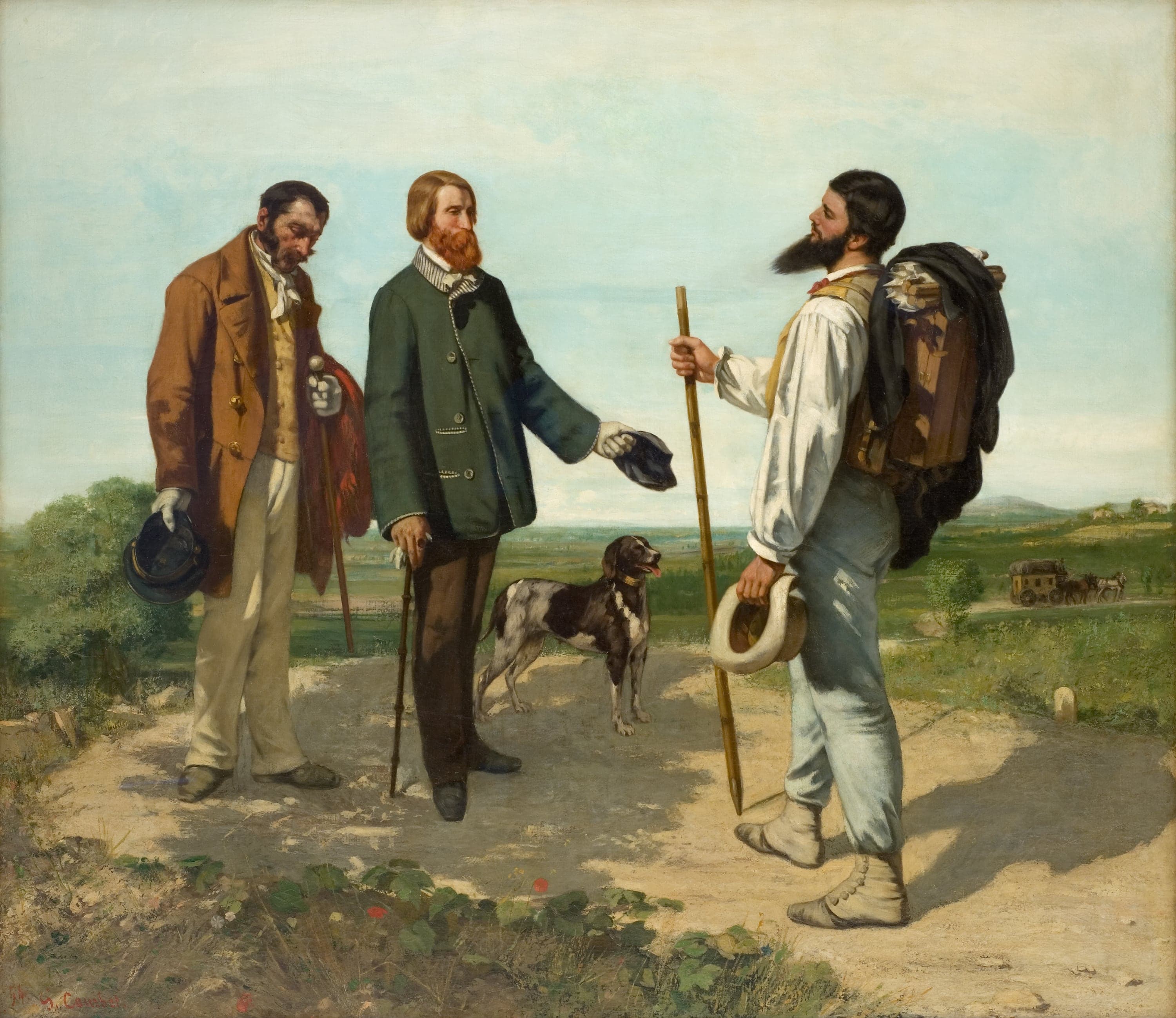 Three men meet on a pale dusty road under a pale blue sky with white cloud. On the right Courbet stands bare-headed in shirtsleeves, a long staff in his raised hand and his wide-brimmed hat hanging from the other, with a pack holding a canvas and a paintbox strapped to his back. Facing him a red-bearded man in a green coat holds his cap out in a gloved hand, and a servant in a rust-brown coat stands a step behind with his head bowed and his own cap held low. A dog stands on the road between them and a coach waits in green fields away to the right