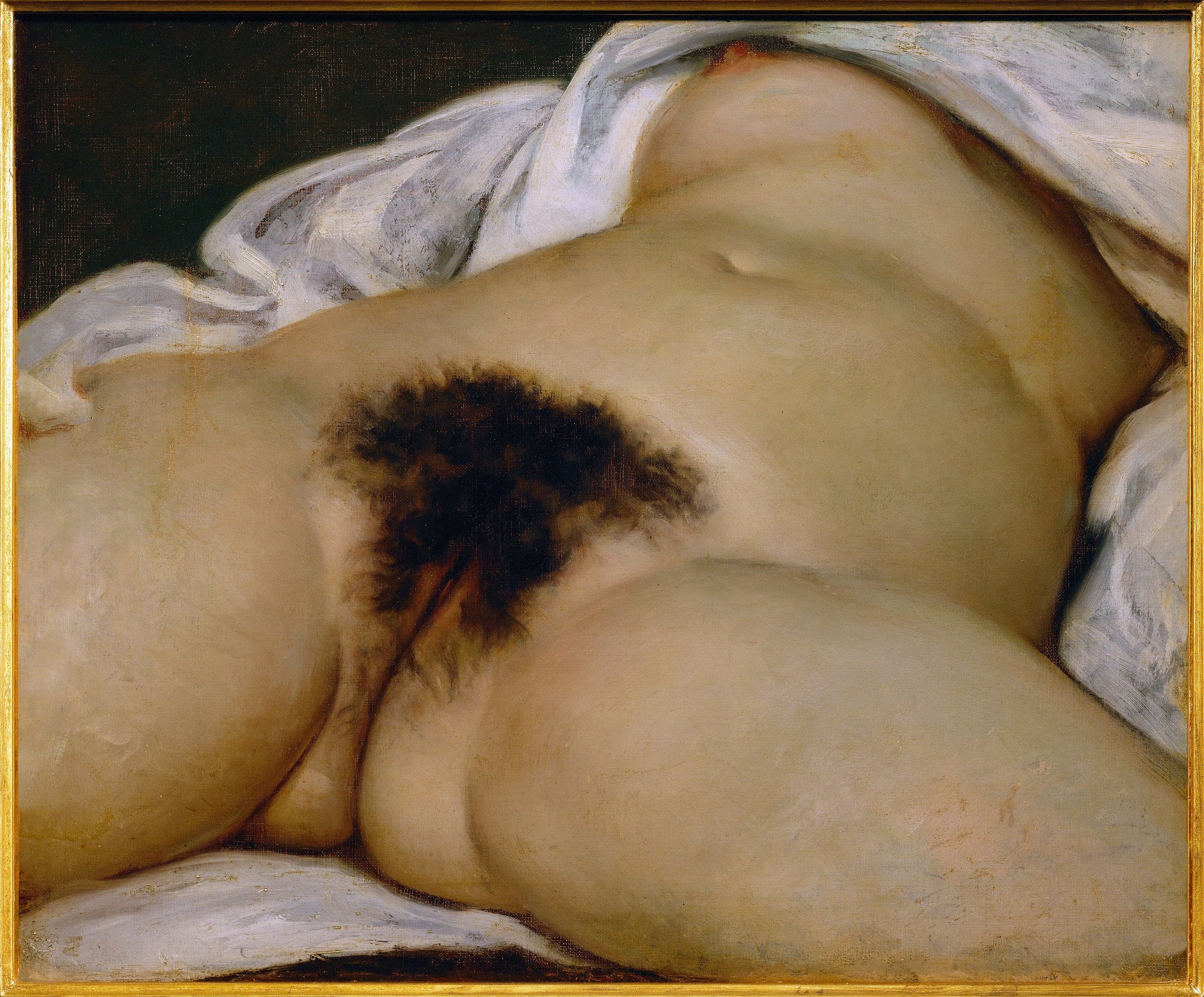 A small canvas framed closely on a woman's body, cut through the chest at the top and the thighs at the bottom, lying on a white sheet with her legs apart. A white cloth is drawn across her chest, leaving one breast uncovered and cropped by the upper edge. The head, arms and lower legs fall outside the frame
