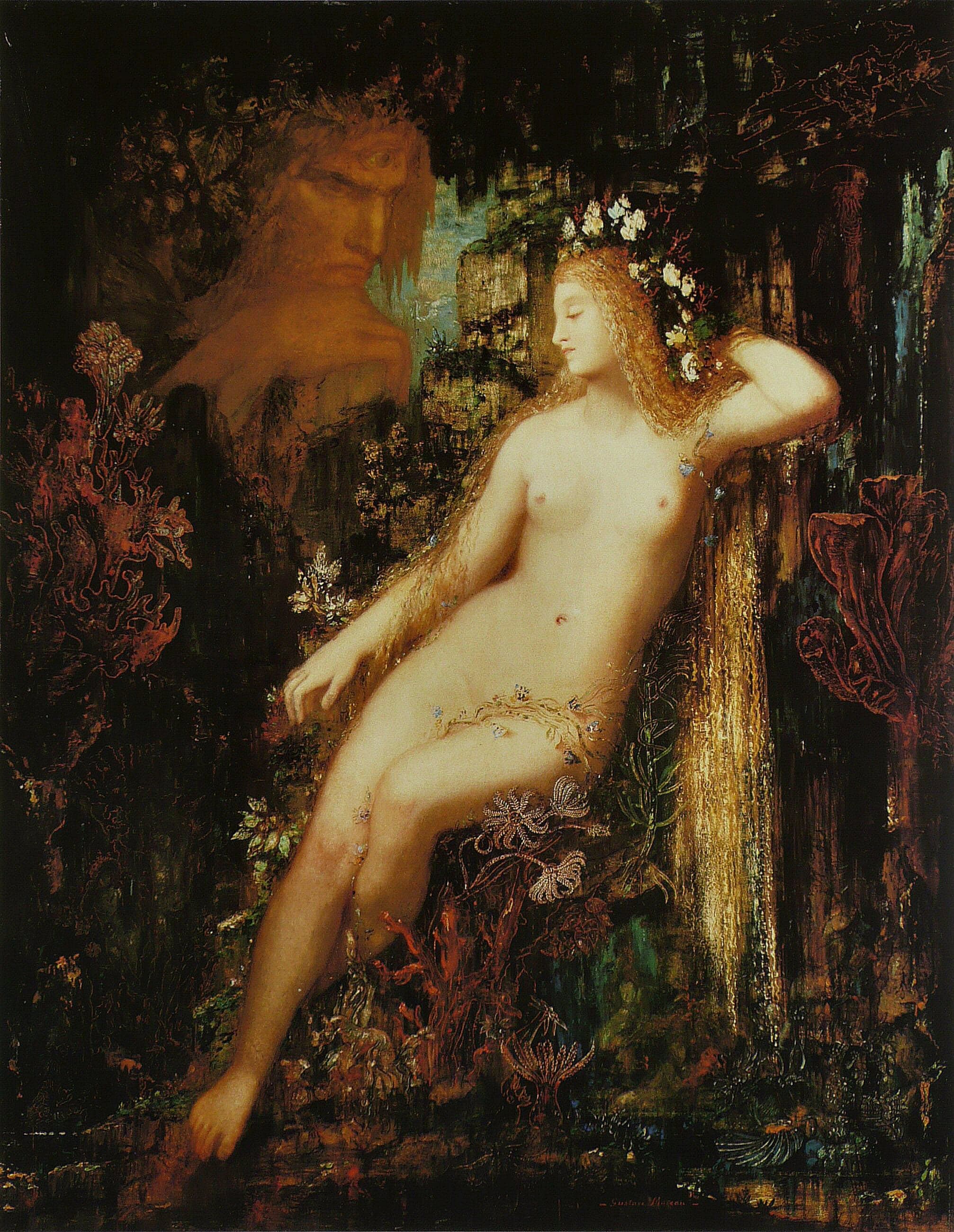 A naked nymph with long red-gold hair crowned with white flowers reclines against the rock of a dark grotto, her left arm bent behind her head and her eyes lowered, with a thin gold garland set with blue and pink stones across her hips. Branching red coral climbs both sides of the cave and silvery feathered anemones cluster beside her legs. In the upper left a giant's reddish-brown face with a single eye in its forehead looks down at her through the shadows