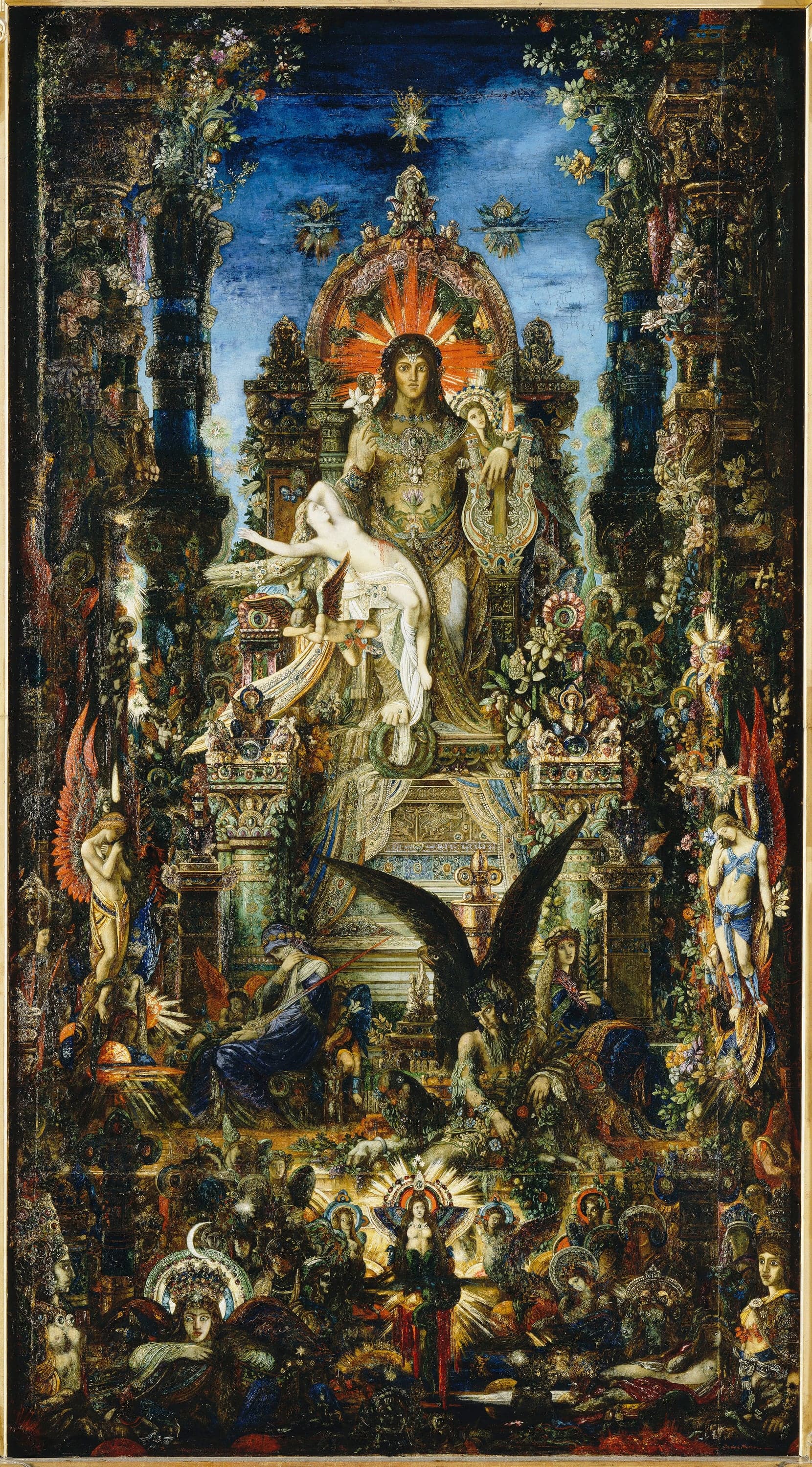 A tall, densely ornamented painting. A beardless, wide-eyed Jupiter sits enthroned at the top center against a fan of red rays, a white lily raised in his right hand, with the pale naked body of Semele thrown back across his thigh. Below the throne a black eagle spreads its wings between a veiled figure in blue holding a red sword blade and a bearded Pan beside a woman with a lily. The lower edge is crowded with haloed heads, wings and a crowned woman with a crescent moon, all set in jeweled columns and garlands under a deep blue sky