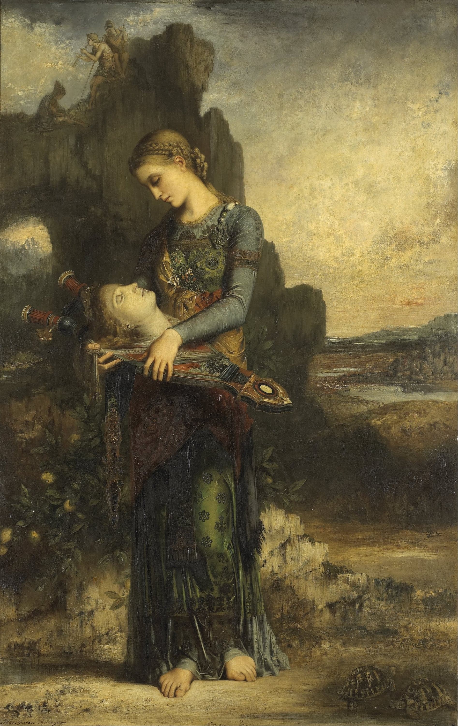 A young woman with braided blonde hair, in a gray-blue dress with an embroidered green bodice, stands barefoot on a rock ledge and looks down at a lyre held against her body. On the lyre lies a man's severed head, face up with closed eyes and red-gold hair. Behind her rises a dark crag with three small figures on top, one playing a double pipe; to the right a lake and plain lie under a pale yellow evening sky, and two tortoises walk along the ledge at the lower right