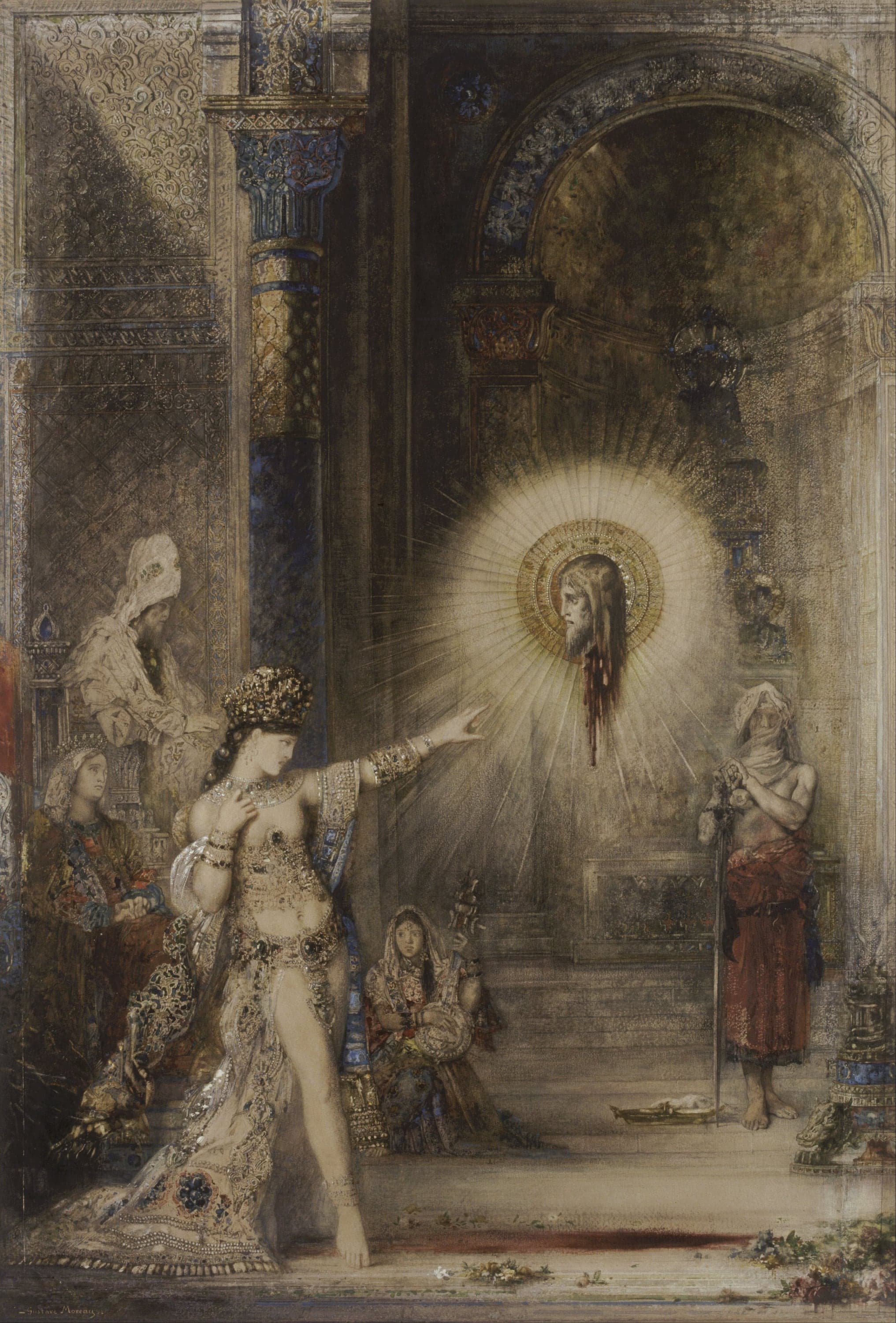 A watercolor of a dim palace hall. A nearly naked woman in a tall jeweled crown, collar and stacked bracelets stands left of center and points her outstretched left arm at a bearded man's severed head, which floats right of center inside a gold disc and a burst of pale rays with blood streaming from its neck. An old man in a white hood sits enthroned at the upper left, a bare-chested executioner in a red skirt stands at the right holding a sword point-down, and a veiled woman with a stringed instrument sits at the bottom center. Blood and scattered flowers lie on the pale stone floor beneath arabesque-covered arches