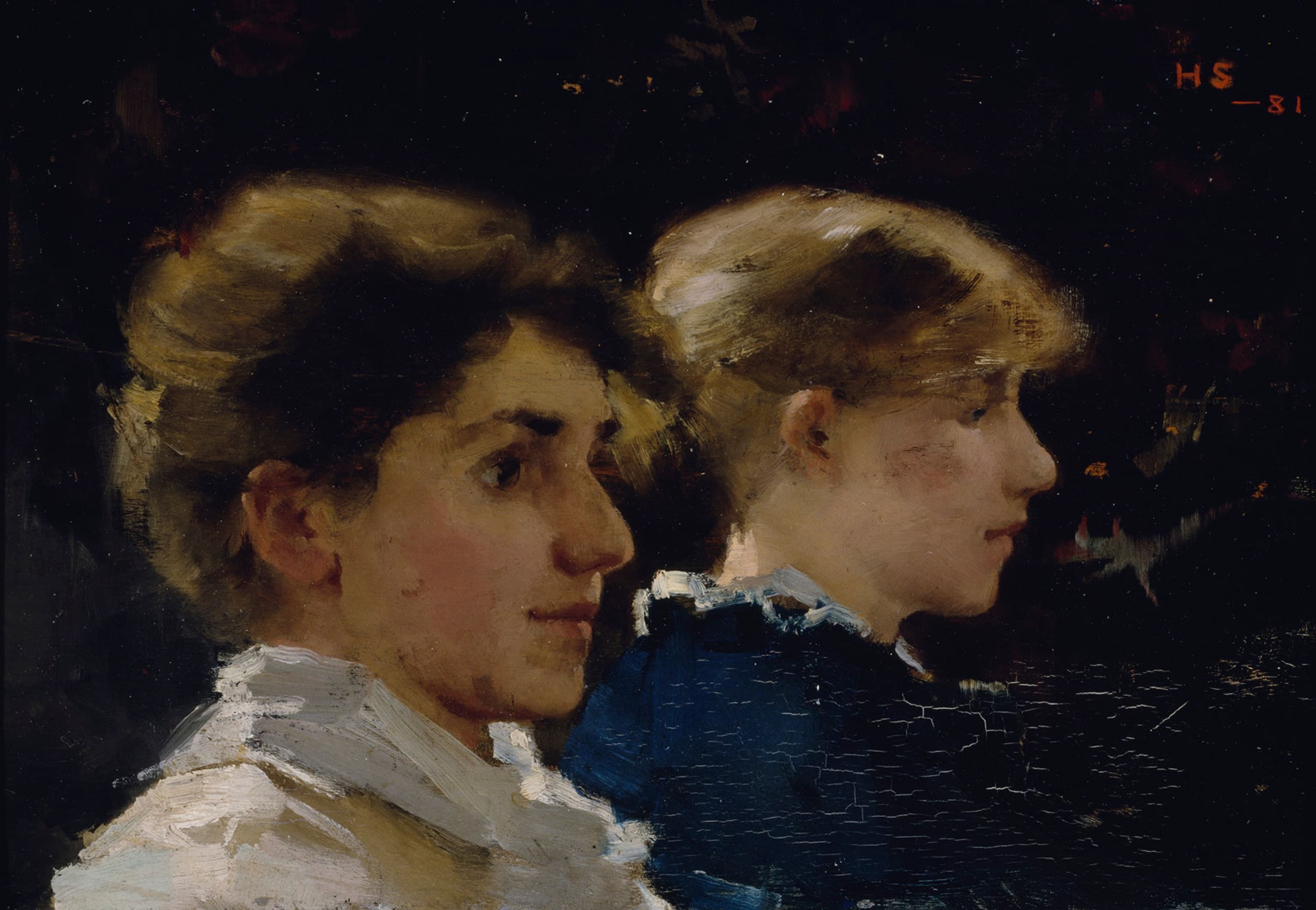 Helene Schjerfbeck's Two Profiles: two young women in profile facing right against a black ground, the nearer one with dark blonde hair piled high and a white high-collared blouse, the second one fairer, further back, with her hair in a bun and a dark blue dress with a pale ruffled collar, and the initials HS with the date 81 in orange-red at the upper right