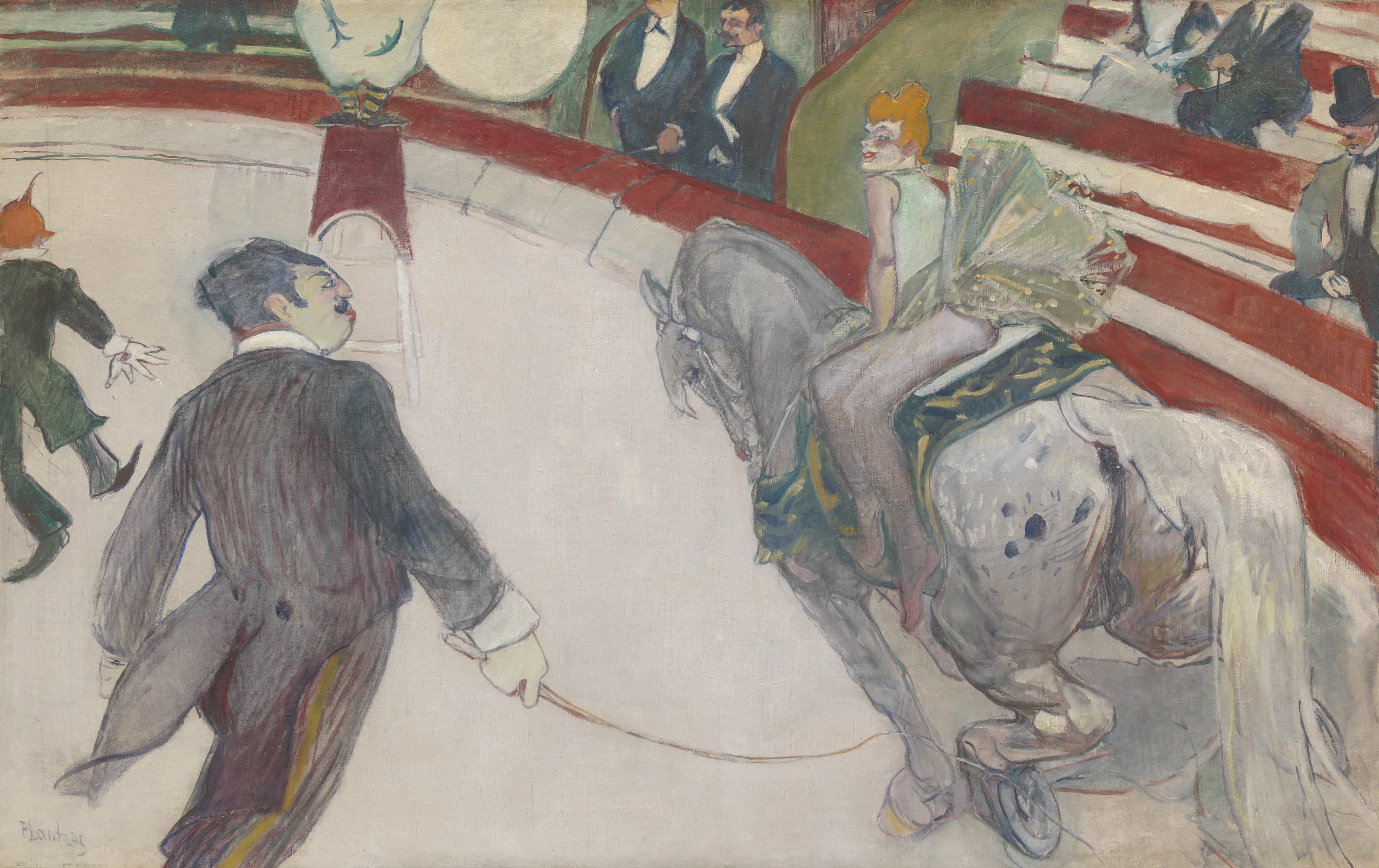 A circus ring seen from above, most of it empty pale floor. At the right a gray horse with dark spots on its rump canters with its head bent low. A young woman with orange hair sits sideways on its back in a pale green bodice and a flaring gauze skirt, looking back over her shoulder. At the left the ringmaster in a dark striped tailcoat and high white collar holds a long whip whose lash trails across the floor. A clown in green runs off the left edge, and a performer in striped stockings stands on a red pedestal at the top. Spectators in evening dress watch from behind a curving red barrier with red and white benches