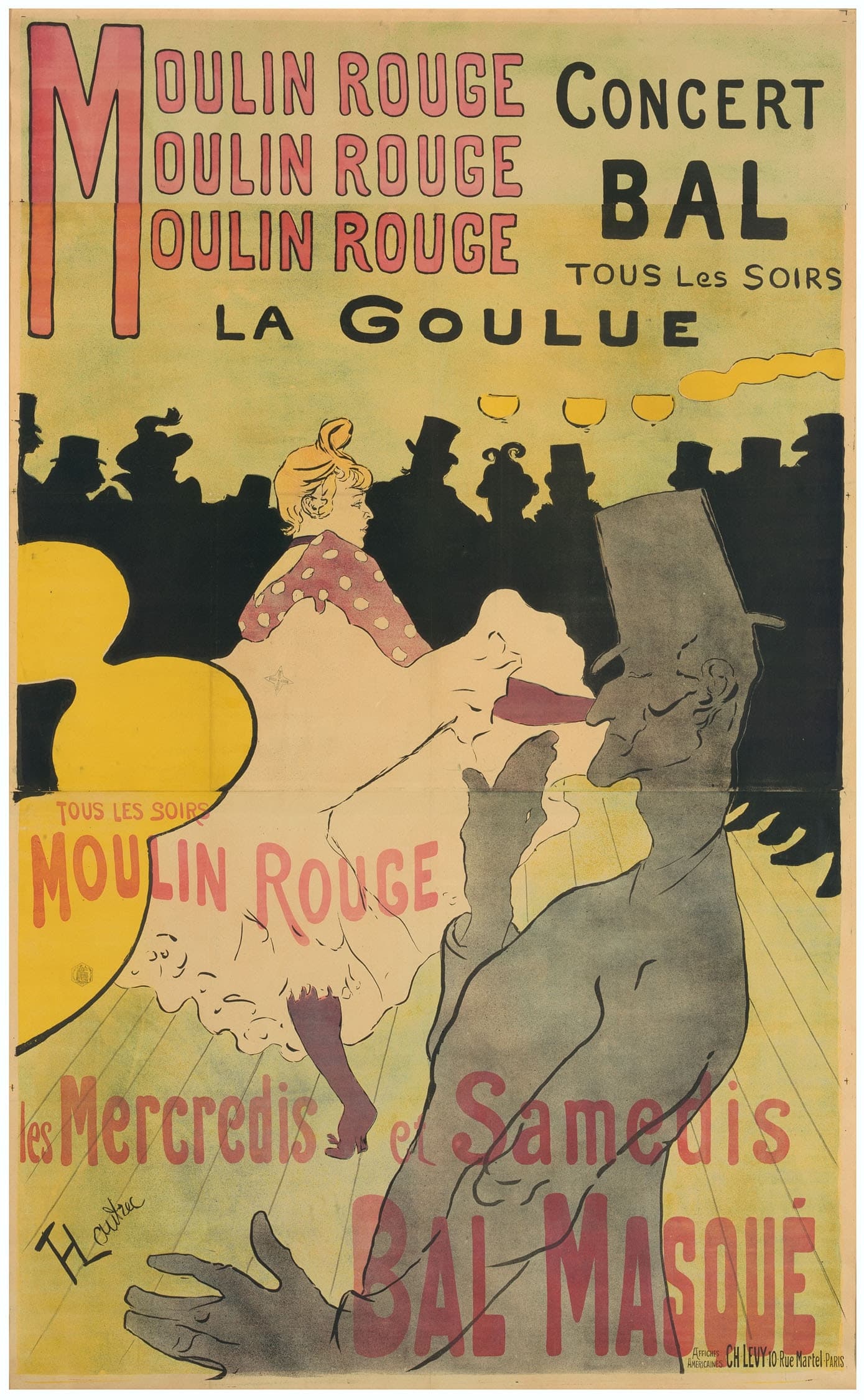 A tall poster of a dance hall. At the center a blond dancer in a pink polka-dot blouse kicks one leg sideways, her white petticoats billowing. In front of her a man in gray with a tall hat stands in profile, cut off at the waist, one big gray hand reaching into the bottom corner. Behind them a crowd in top hats is a solid black silhouette under three yellow lamps. MOULIN ROUGE is lettered three times in red at the top left, LA GOULUE in black beneath CONCERT BAL, and BAL MASQUÉ in big red letters at the bottom