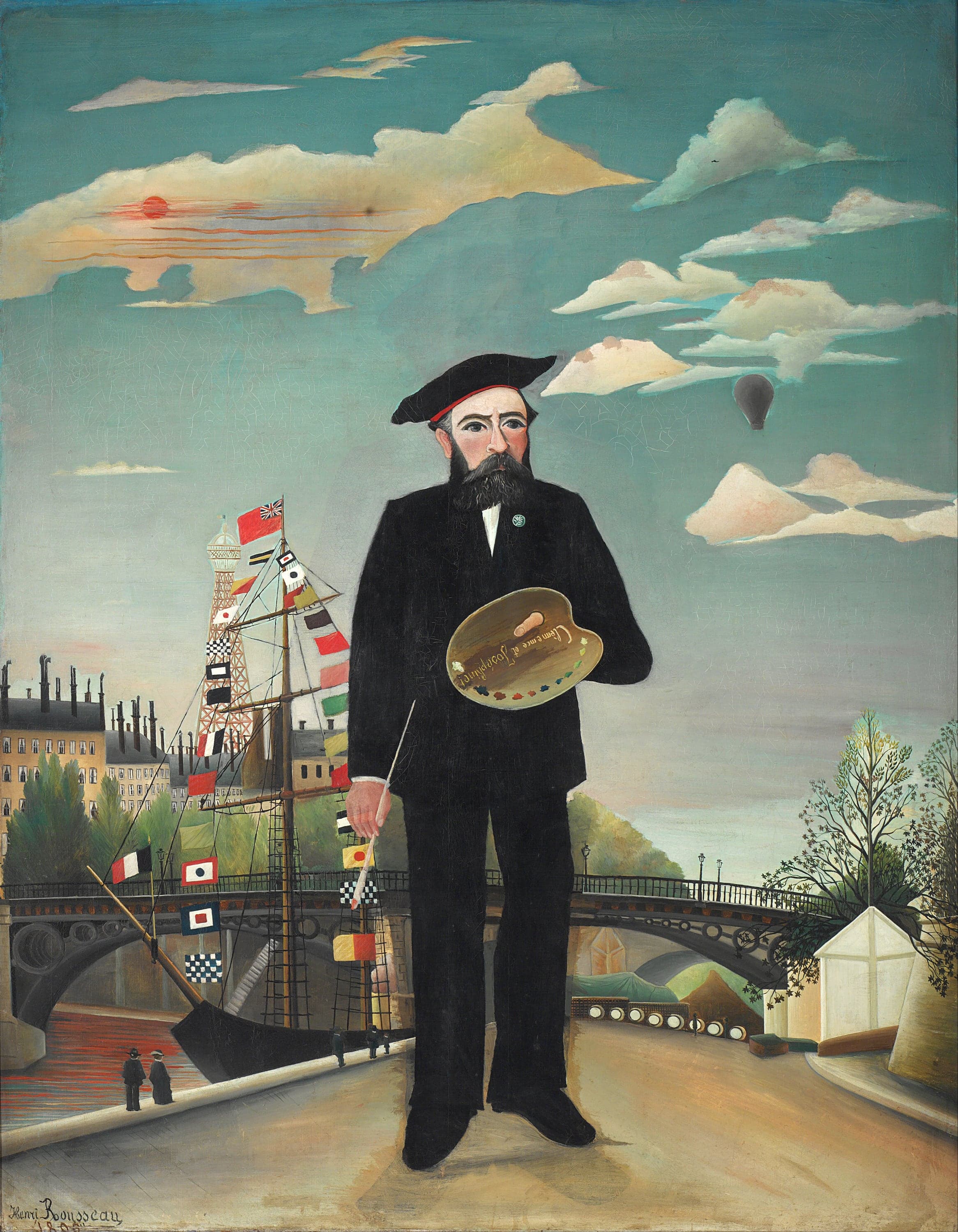 Henri Rousseau paints himself full length in a black suit and beret, holding a palette lettered in gold and a thin brush, standing far taller than the Seine quay, arched bridge, flag-covered sailing ship and Eiffel Tower behind him, with a balloon in a green-blue sky