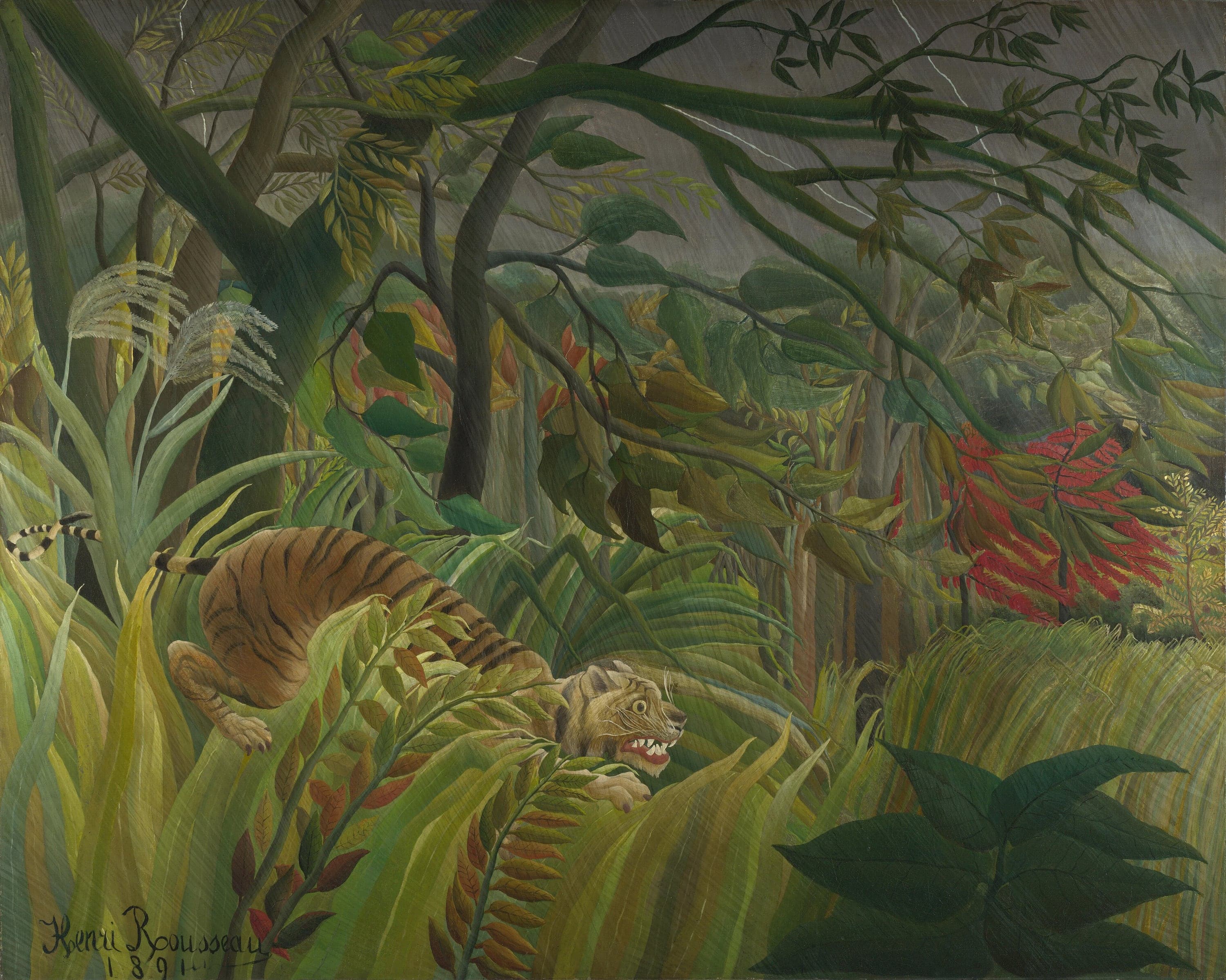 A tiger crouches in tall pale-green grass with its mouth open on white teeth, its yellow eyes wide and its whiskers bristling, while white lightning cracks across a slate-grey sky and bent branches and a scarlet tree fill the jungle behind it