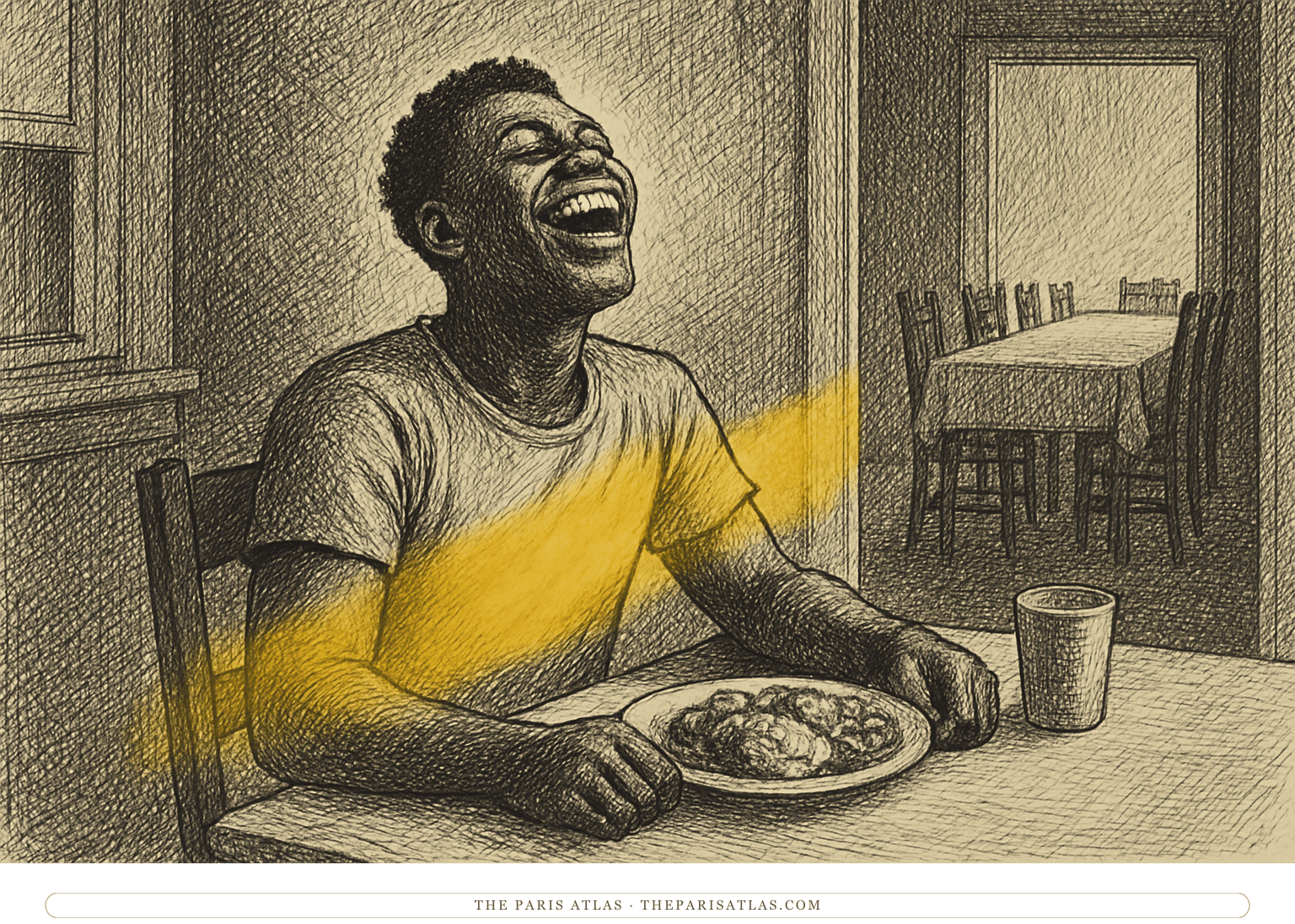 Pen-and-ink illustration for I, Too: a strong young Black man laughs with his head thrown back at a kitchen table set with a full plate, a formal dining table with empty chairs visible through the doorway behind him, a single yellow stroke of morning light across his shoulders