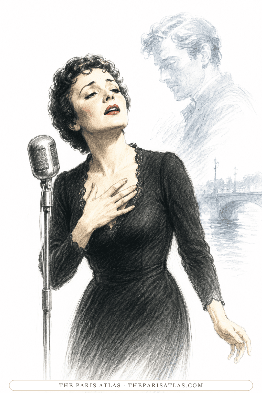 A singer presses one hand to her heart while the pale outline of a man's face rises behind her above a Seine bridge