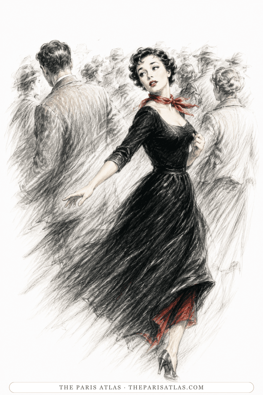 A woman in a black dress and red scarf is turned and pressed through a dense crowd, one hand reaching after someone already lost in it