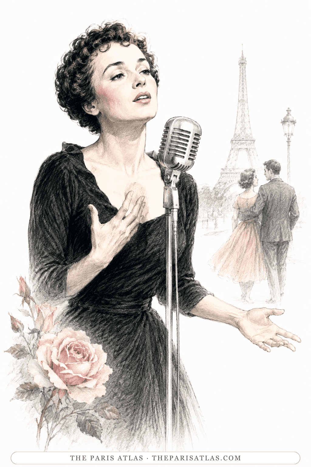 A singer at a vintage microphone reaches out a hand, a single pink rose in the foreground and a couple walking toward the Eiffel Tower behind her