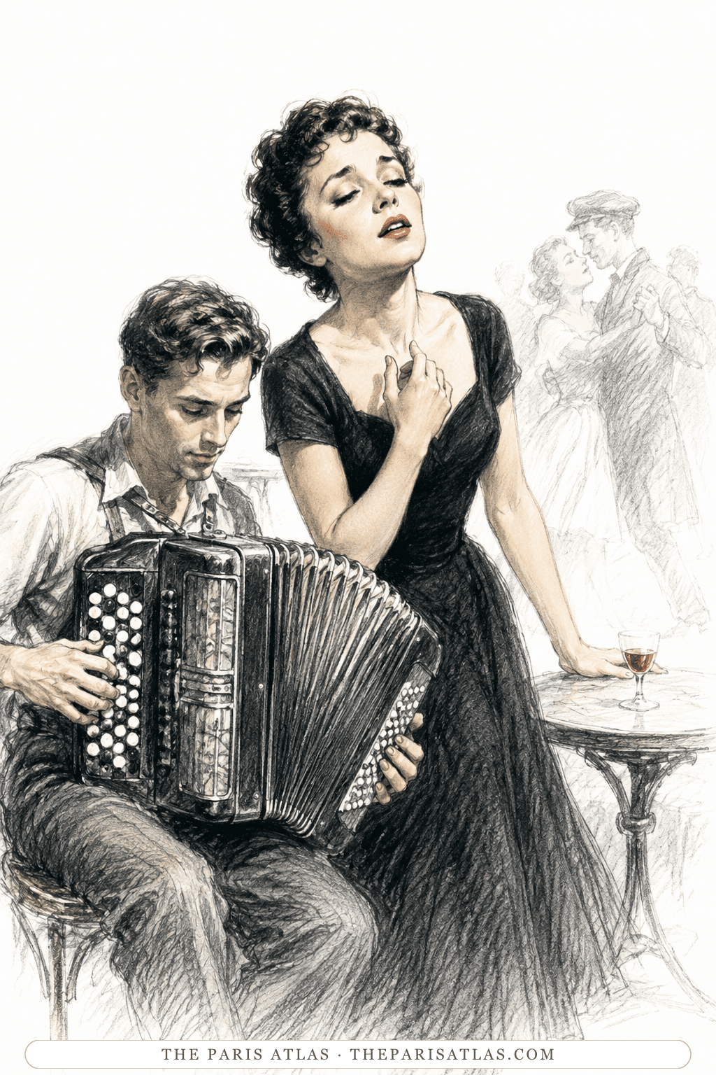 A singer in a black dress stands beside a seated accordionist as a couple dances behind them and a glass of wine waits on a bistro table